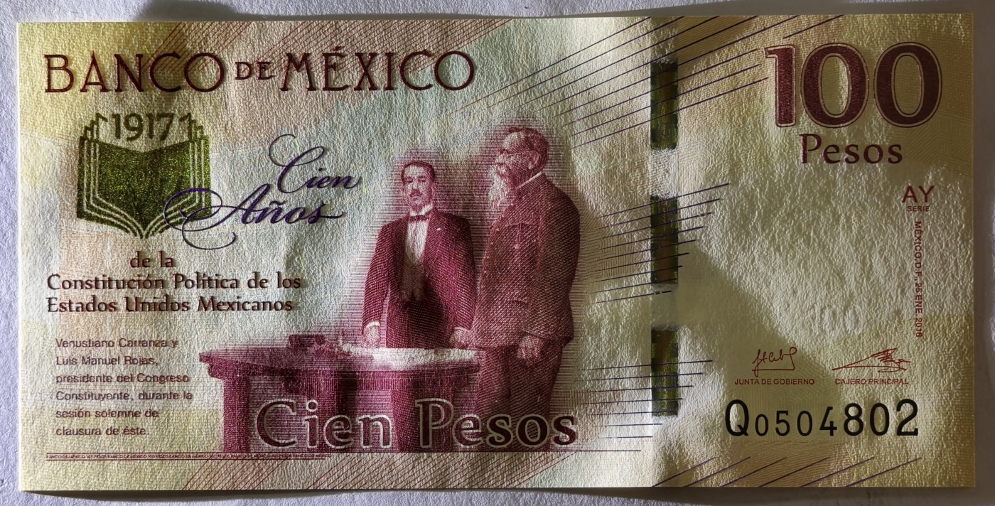 紫瑗钱币——第341期拍卖——纸币场 墨西哥 2017年 宪法颁布100周年 纪念钞 100比索 UNC