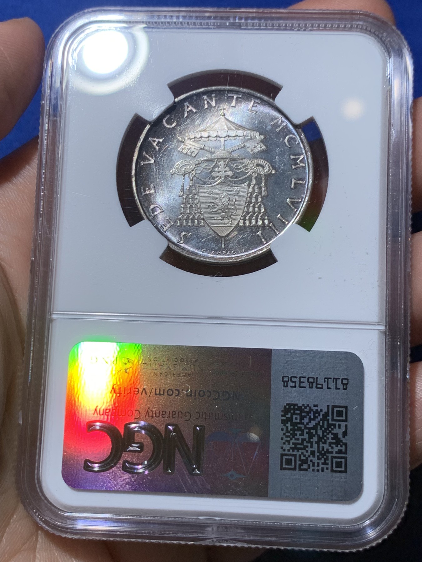 《竞宝斋》第260场-周日，周一，周二 3场连拍 (全场包邮) NGC MS65 梵蒂冈1958年教皇缺位500里拉银币 高分好状态