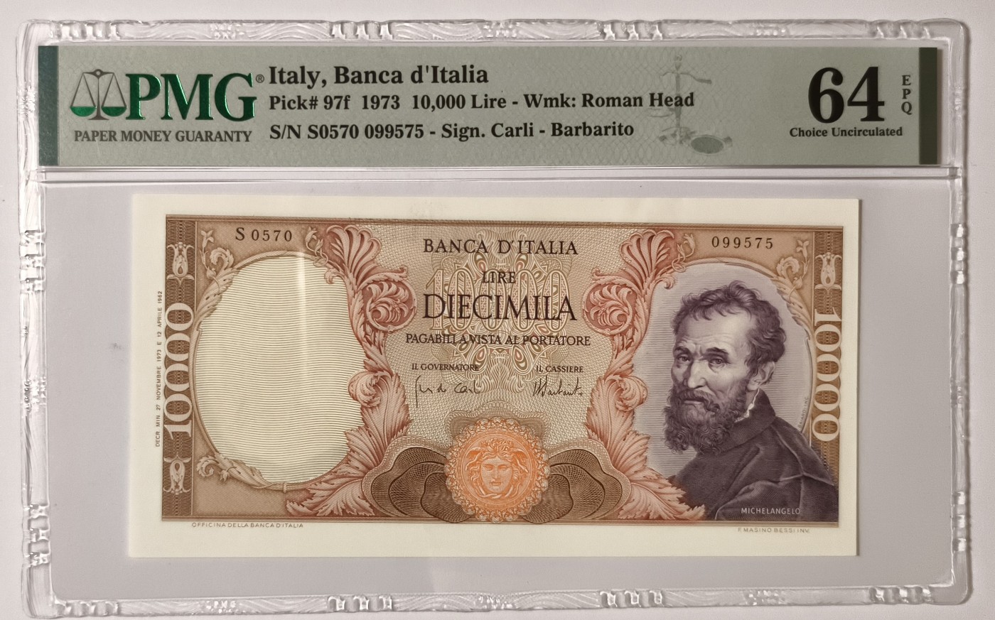 紫瑗钱币——第371期拍卖——纸币场 【PMG 64EPQ】意大利 1973年 米开朗基罗 10000里拉 (p-97f)