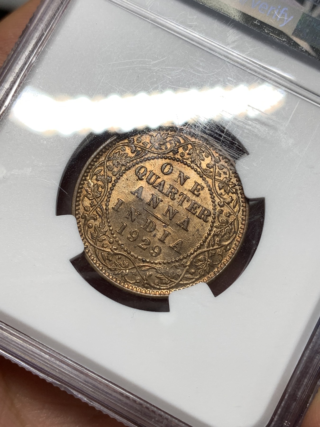 《竞宝斋》第260场-周日，周一，周二 3场连拍 (全场包邮) NGC MS64RB 印度 1929年 乔治五世1/4安娜