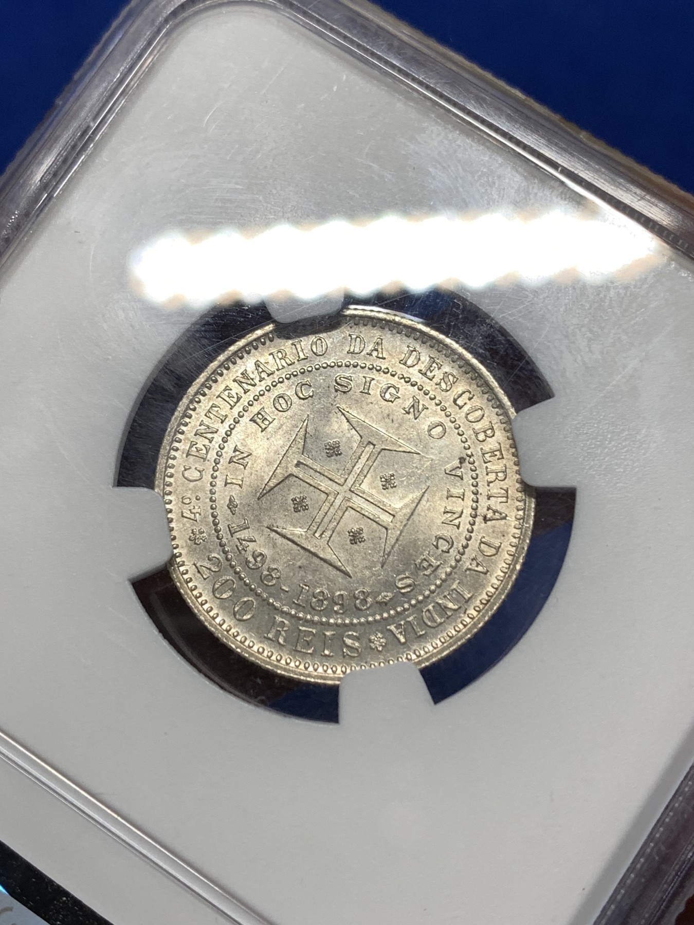 《竞宝斋》第260场-周日，周一，周二 3场连拍 (全场包邮) NGC MS63 葡萄牙 1898年 发现印度 200瑞斯 银币 黄油彩