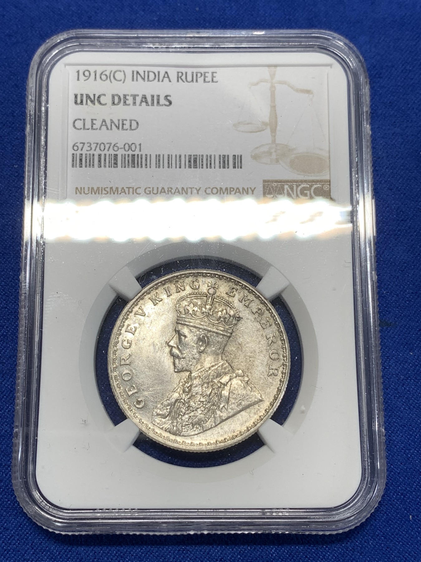 《竞宝斋》第260场-周日，周一，周二 3场连拍 (全场包邮) NGC UNC 印度1916C乔治五世1卢比银币