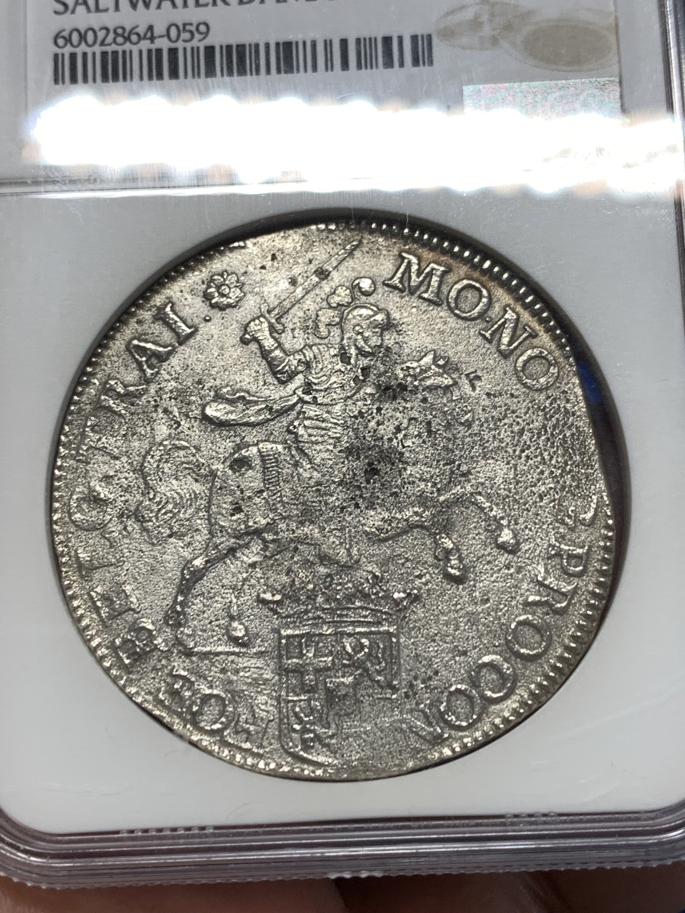 《竞宝斋》第260场-周日，周一，周二 3场连拍 (全场包邮) NGC AUD 荷兰1711年乌得勒支杜卡特骑士大马剑银币 难得的海捞币 尽管受到海水侵蚀 但整体细节仍不错