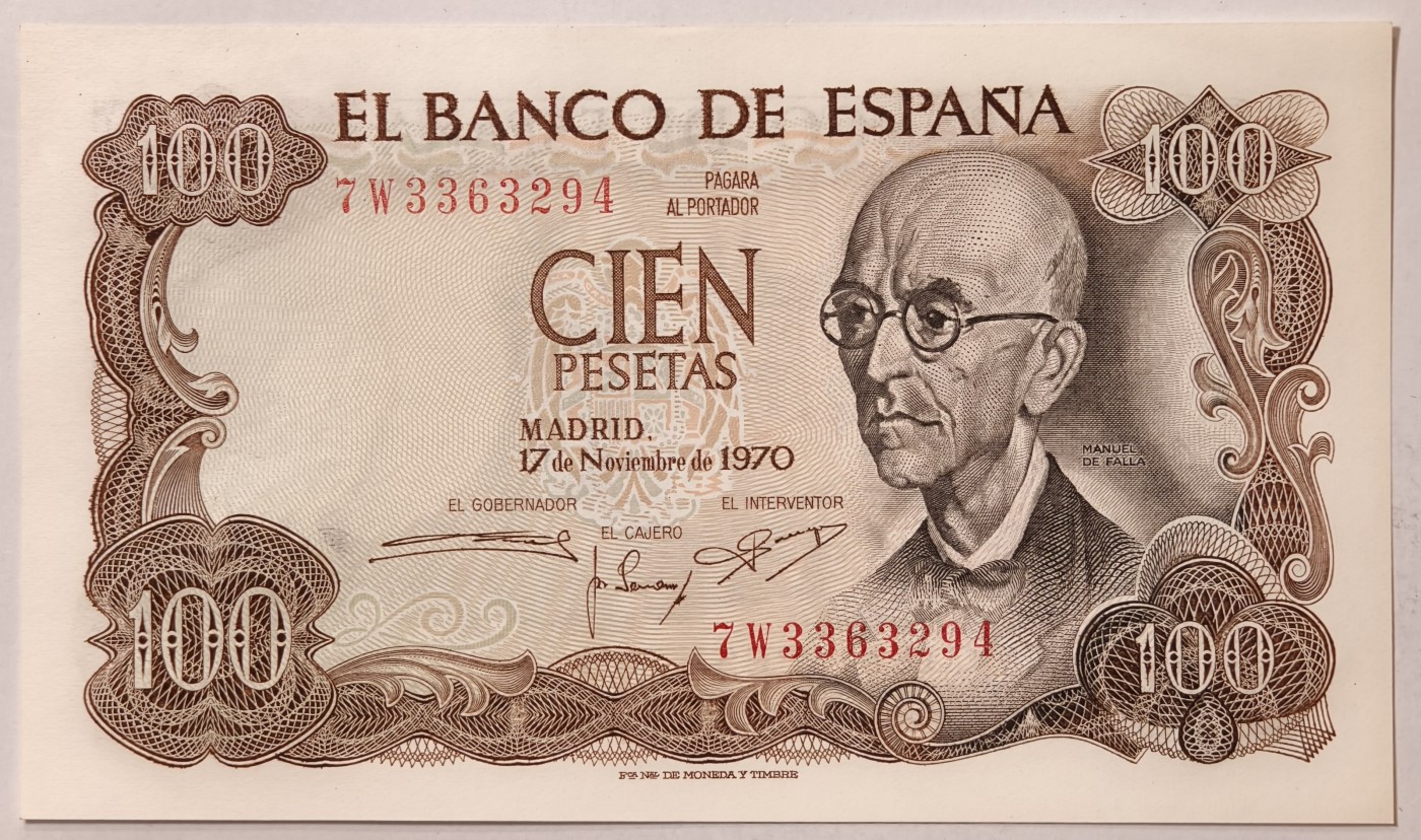 紫瑗钱币——第357期拍卖—— 纸币场 西班牙 1970(1974)年 曼努埃尔·德法拉 100比塞塔 UNC (P-152a)