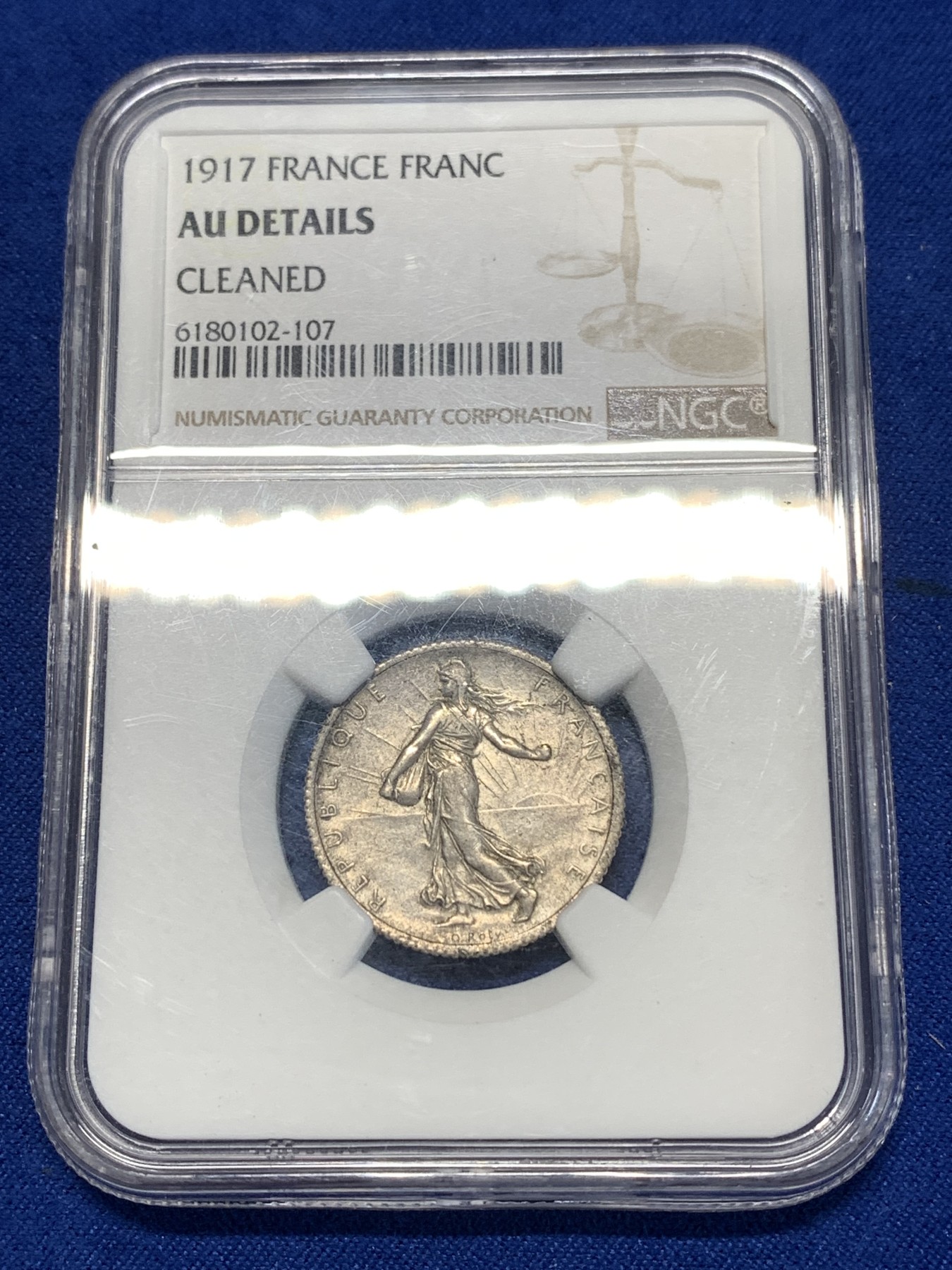 《竞宝斋》第260场-周日，周一，周二 3场连拍 (全场包邮) NGC AUD 法国1917年播种女神1法郎银币 老包浆