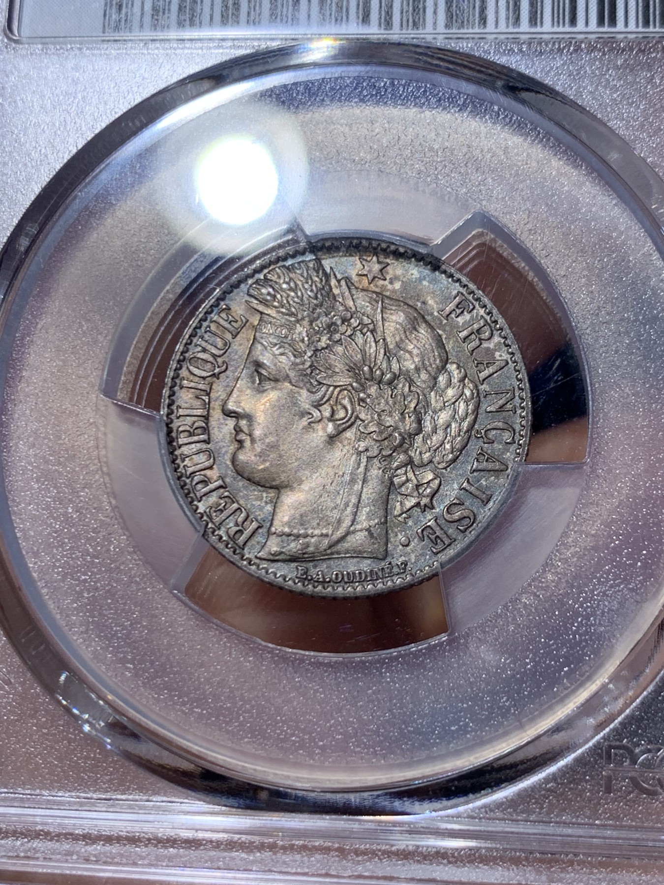 《竞宝斋》第260场-周日，周一，周二 3场连拍 (全场包邮) PCGS UNCD 法国 1872年谷物女神1法郎银币 双面五彩包浆 无明显划丝 有官网高清照