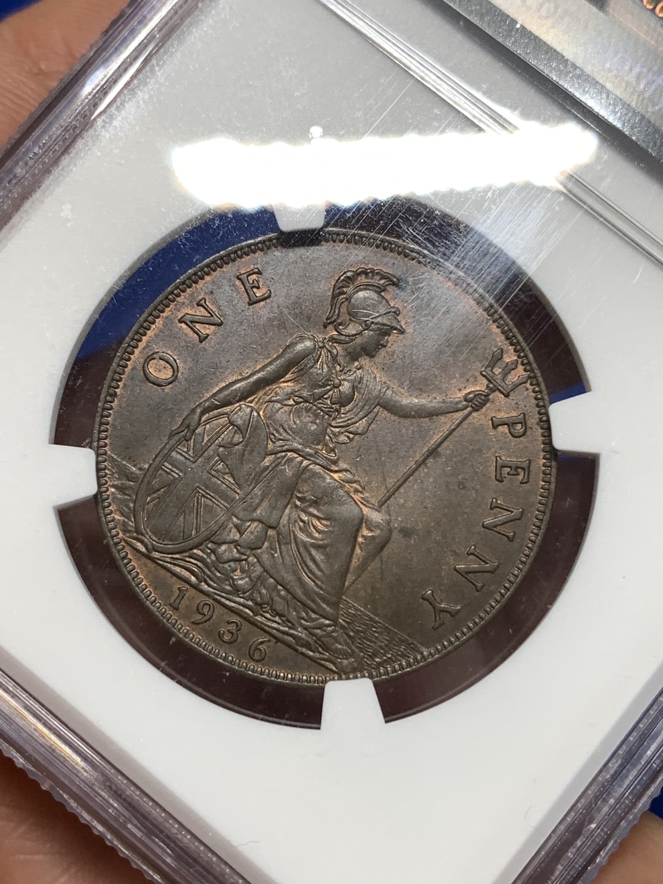 《竞宝斋》第260场-周日，周一，周二 3场连拍 (全场包邮) NGC MS63BN 英国1936年乔五1便士铜币