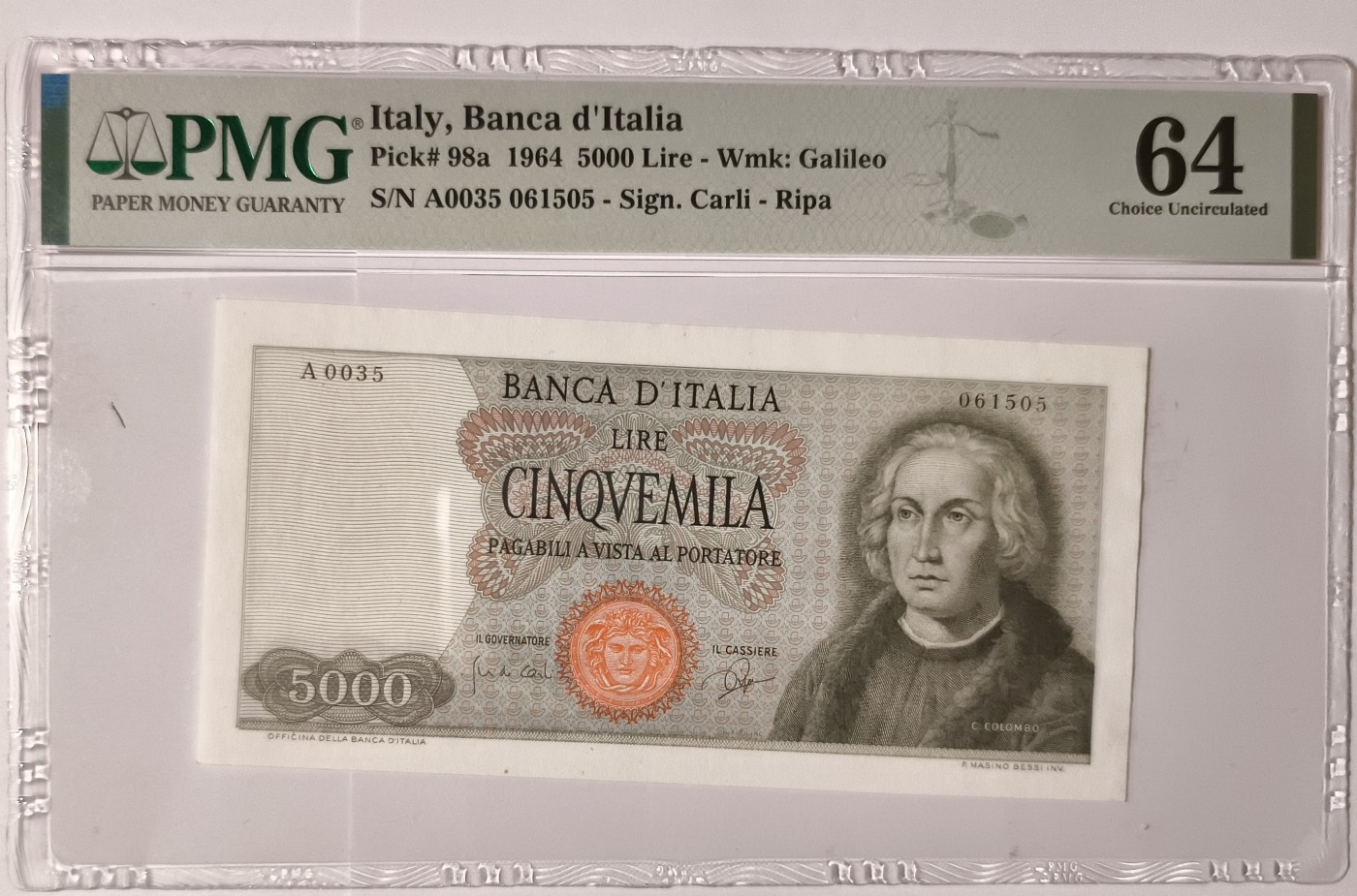 紫瑗钱币——第341期拍卖——纸币场 【PMG 64】意大利 1964年 哥伦布与他的船队 5000里拉 (P-98a)