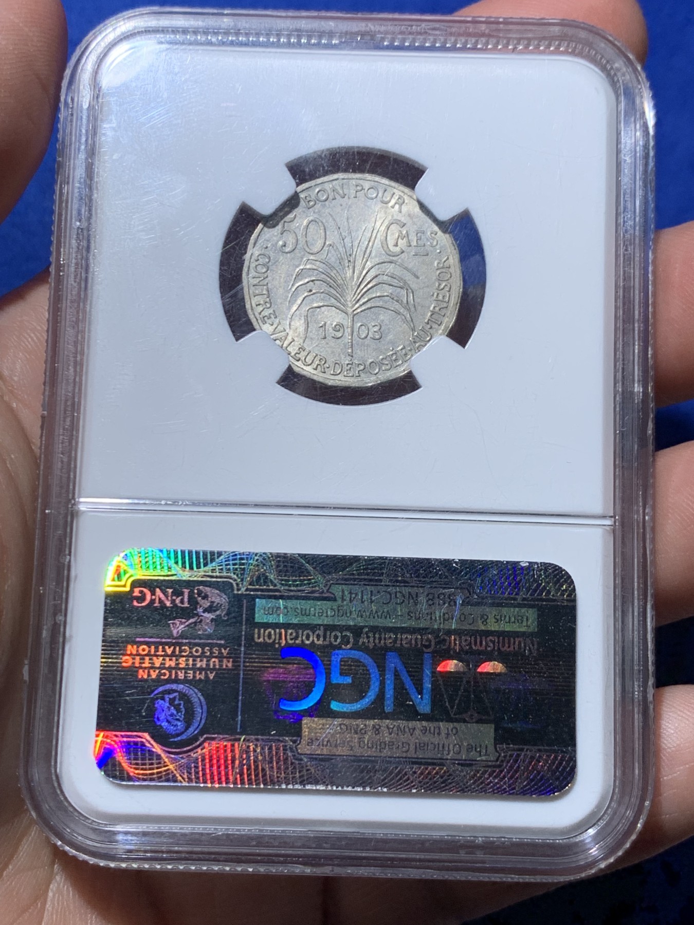 《竞宝斋》第260场-周日，周一，周二 3场连拍 (全场包邮) NGC MS62 1903年瓜德罗普法国殖民地50生丁  稀少的1903版