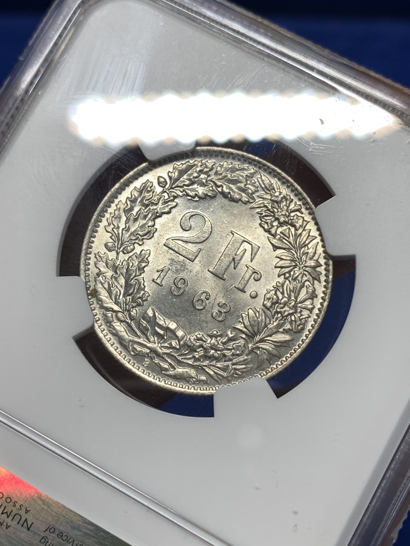 《竞宝斋》第260场-周日，周一，周二 3场连拍 (全场包邮) NGC MS63 瑞士 1963年 赫尔维蒂亚 雪山女神 2法郎 银币