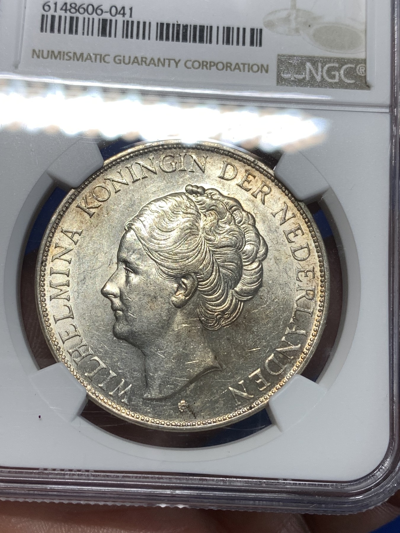 《竞宝斋》第260场-周日，周一，周二 3场连拍 (全场包邮) NGC MS61 荷兰 1938年 威廉明娜女王2.5G银币