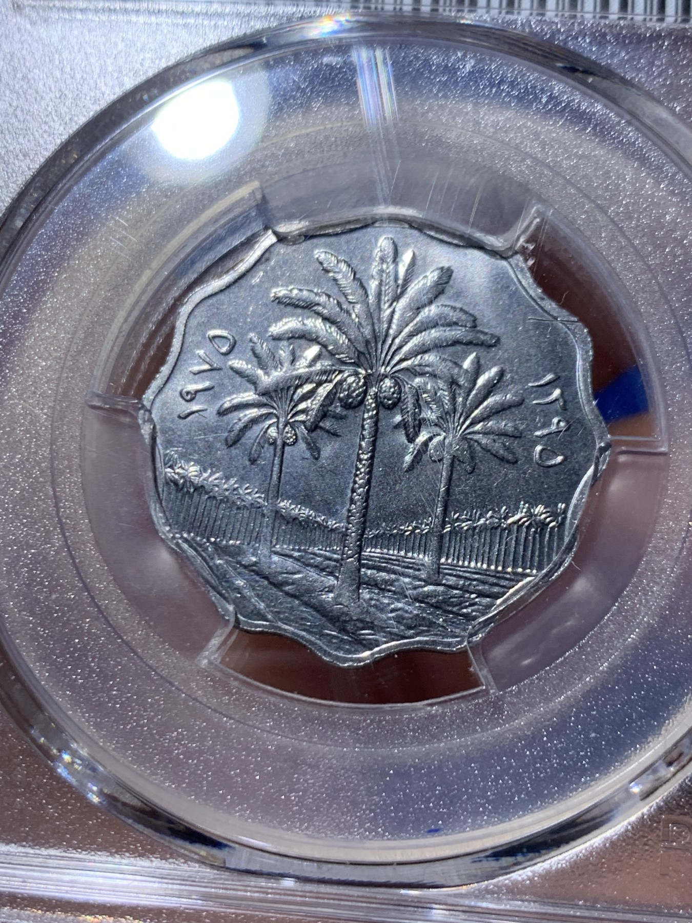 《竞宝斋》第260场-周日，周一，周二 3场连拍 (全场包邮) PCGS金盾 MS66 伊拉克1975年枣椰树10费尔不锈钢币，唯一亚军分，更高分仅一枚