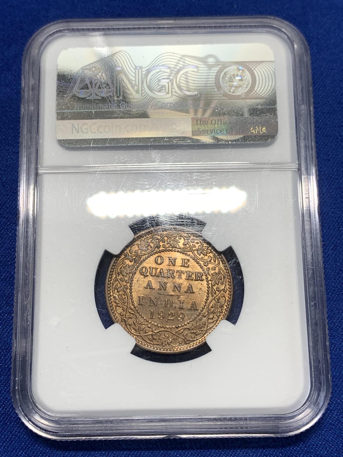 《竞宝斋》第260场-周日，周一，周二 3场连拍 (全场包邮) NGC MS64RB 印度 1929年 乔治五世1/4安娜