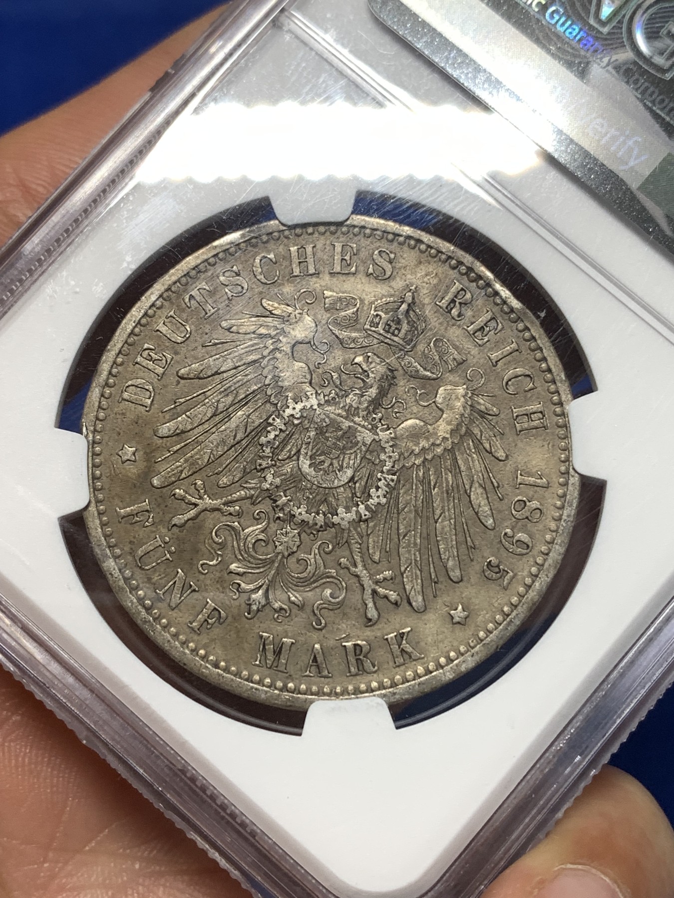 《竞宝斋》第260场-周日，周一，周二 3场连拍 (全场包邮) NGC UNC RIM DAMAGE 德国普鲁士 1895年 威廉二世长翅鹰A版 5马克 银币（通货多，UNC少见）