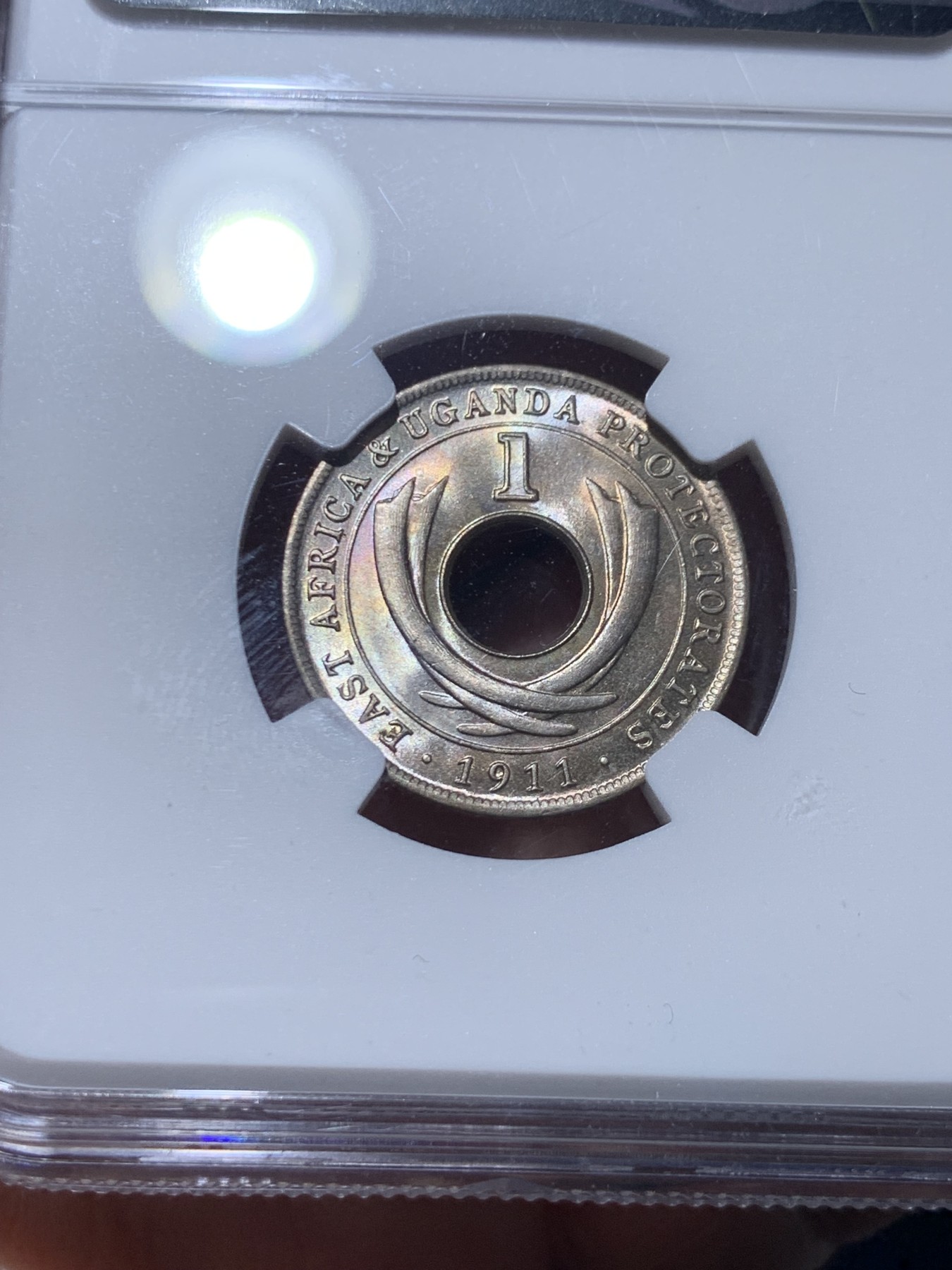 《竞宝斋》第260场-周日，周一，周二 3场连拍 (全场包邮) 两枚一组 NGC MS63/MS64RB 英属东非1911/1961年1分中孔币，从乔治五世东非乌干达保护地到伊丽莎白二世东非殖民地，相隔半个世纪的相遇