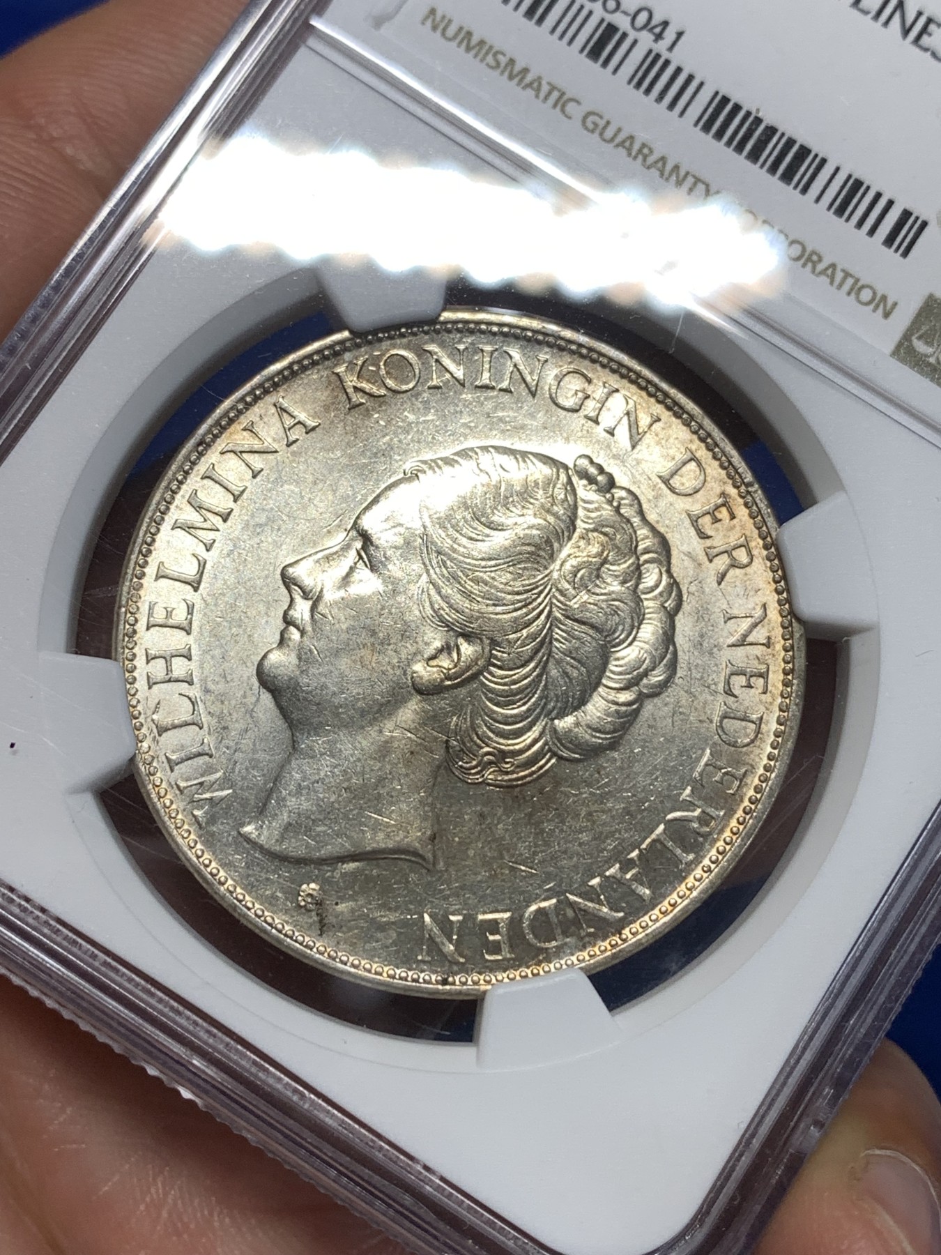 《竞宝斋》第260场-周日，周一，周二 3场连拍 (全场包邮) NGC MS61 荷兰 1938年 威廉明娜女王2.5G银币