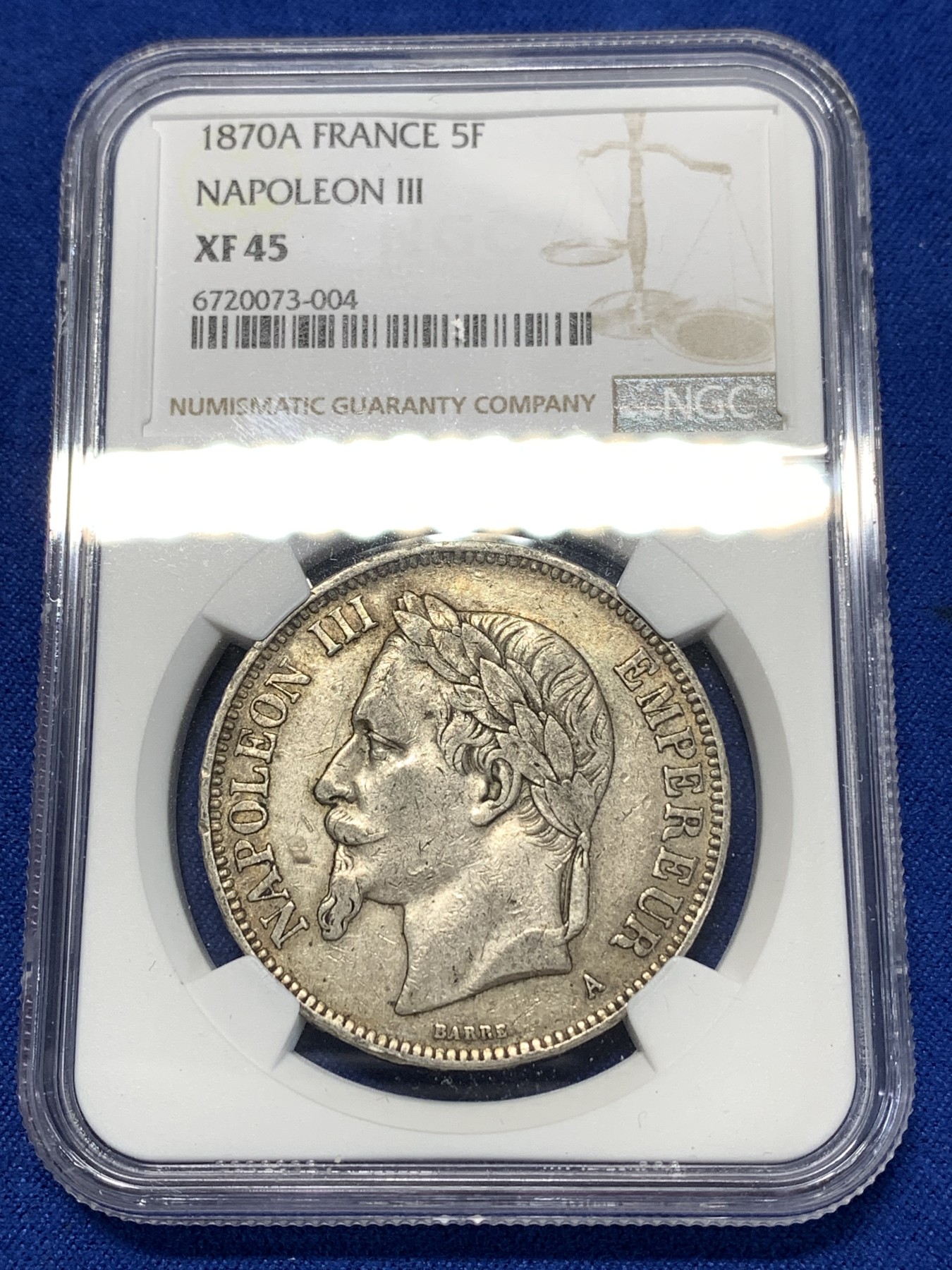 《竞宝斋》第260场-周日，周一，周二 3场连拍 (全场包邮) NGC XF45 法国 1870年 拿破仑三世 5法郎银币