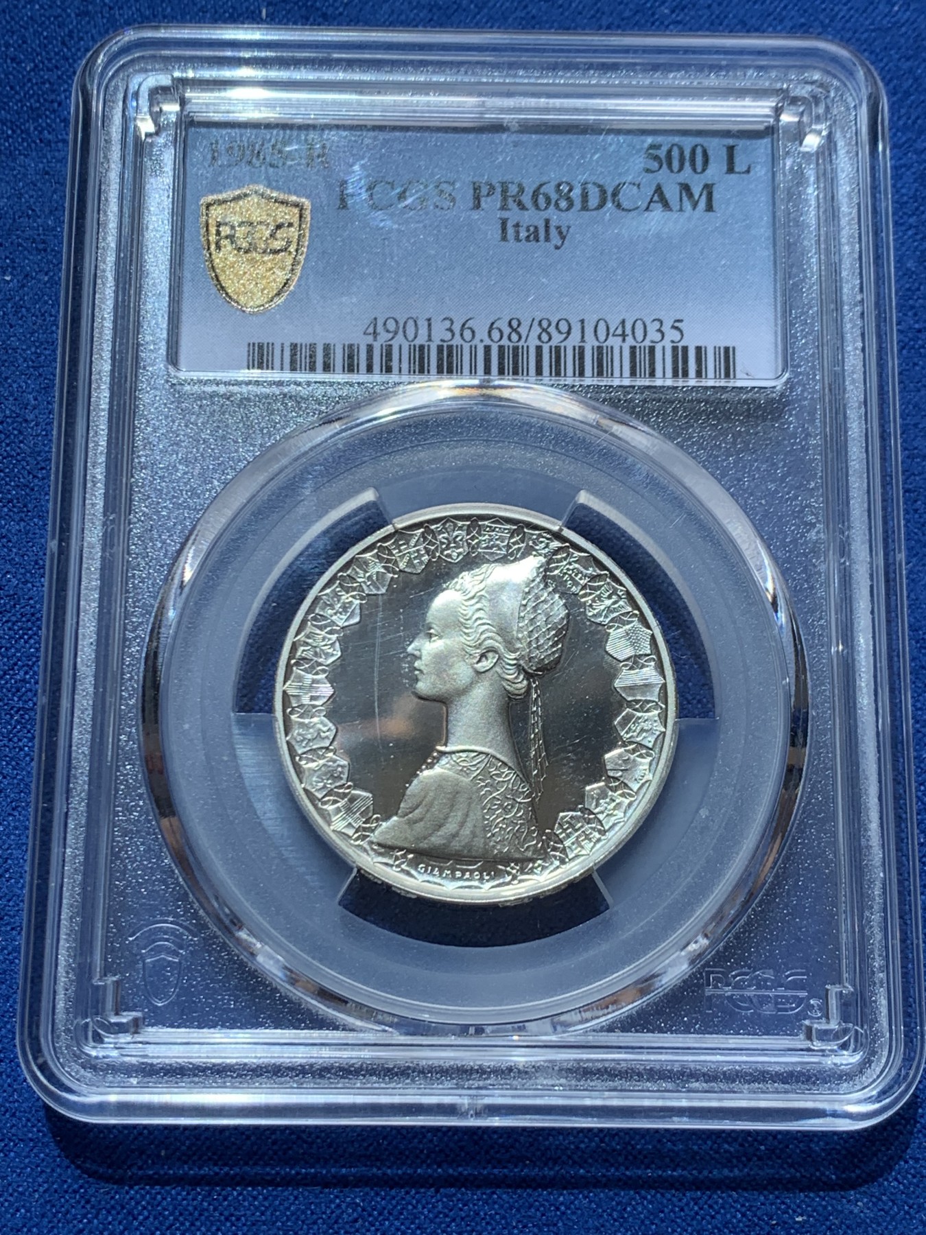 《竞宝斋》第260场-周日，周一，周二 3场连拍 (全场包邮) PCGS PR68DCAM 意大利精制帆船少女500里拉银币 1985年 发行首年