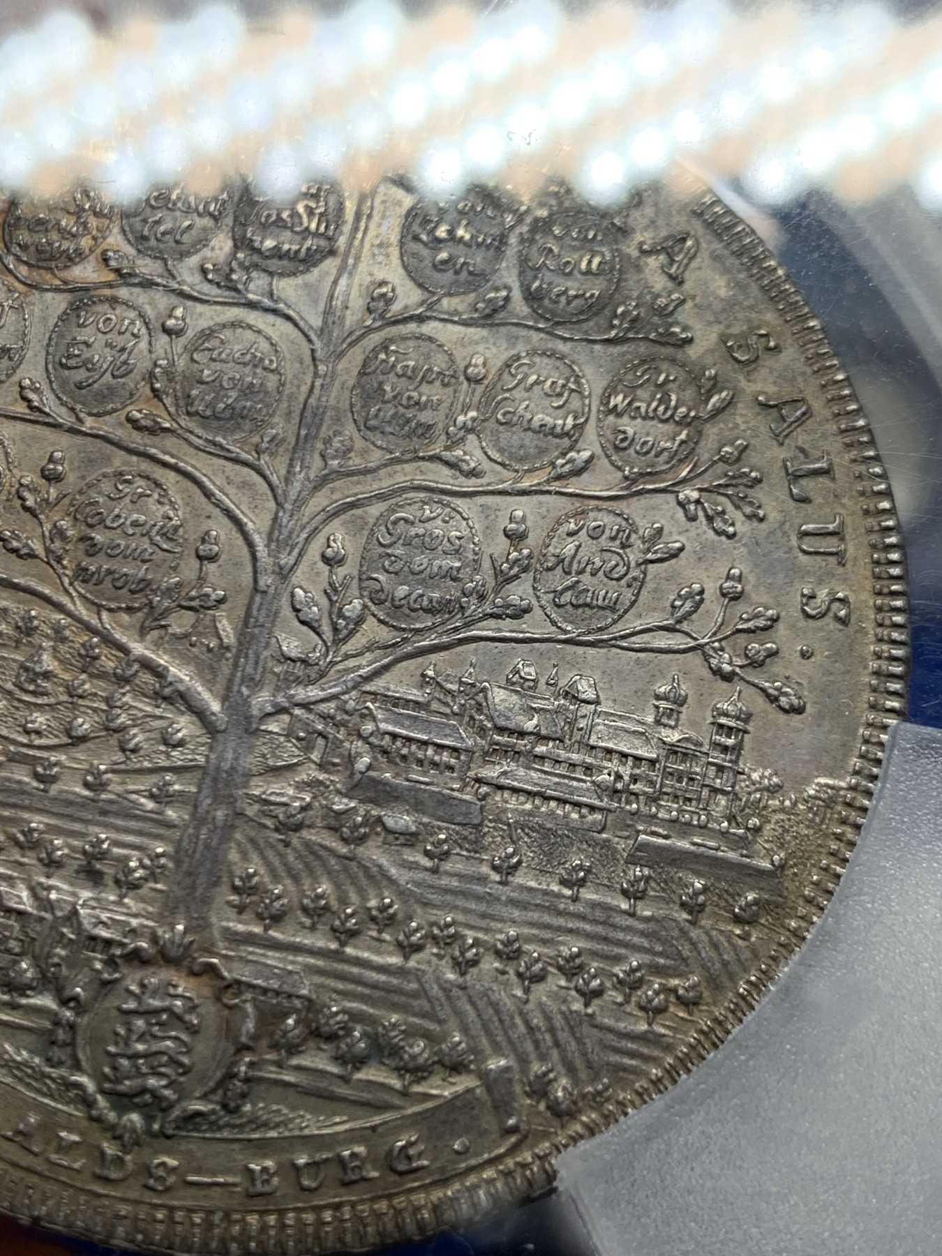 《竞宝斋》第260场-周日，周一，周二 3场连拍 (全场包邮) PCGS MS62 德国 1790 艾希施塔特教宗缺位2泰勒 56克德大银币 宗教色彩浓郁的一枚钱币，全知之眼与世界之树，大规格2T，自然深彩包浆 比白币上分更为难得