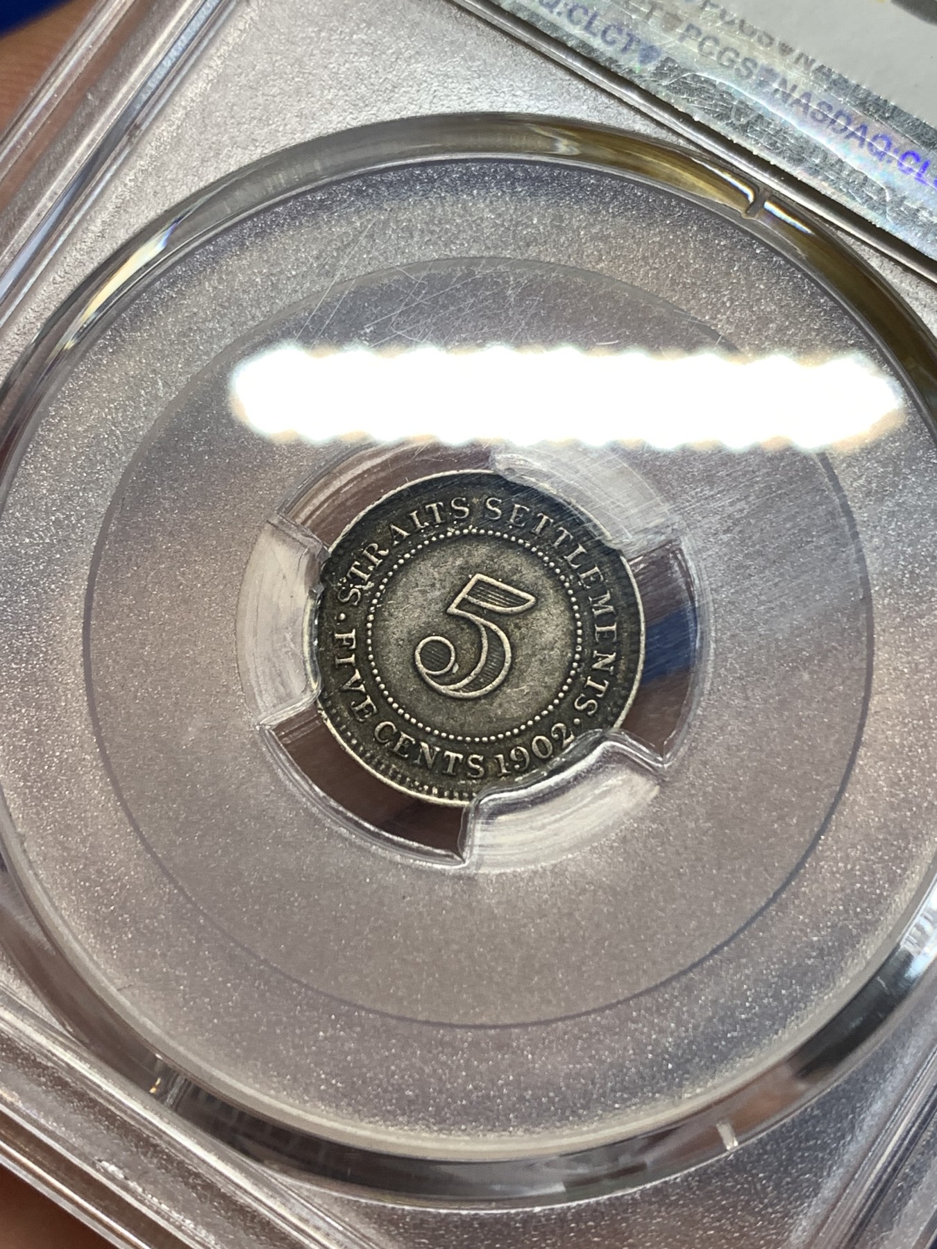 《竞宝斋》第260场-周日，周一，周二 3场连拍 (全场包邮) PCGS XF40 英属海峡5分小银币 1902 传世黑包浆 深打美品 细节都在 稀见入盒品种