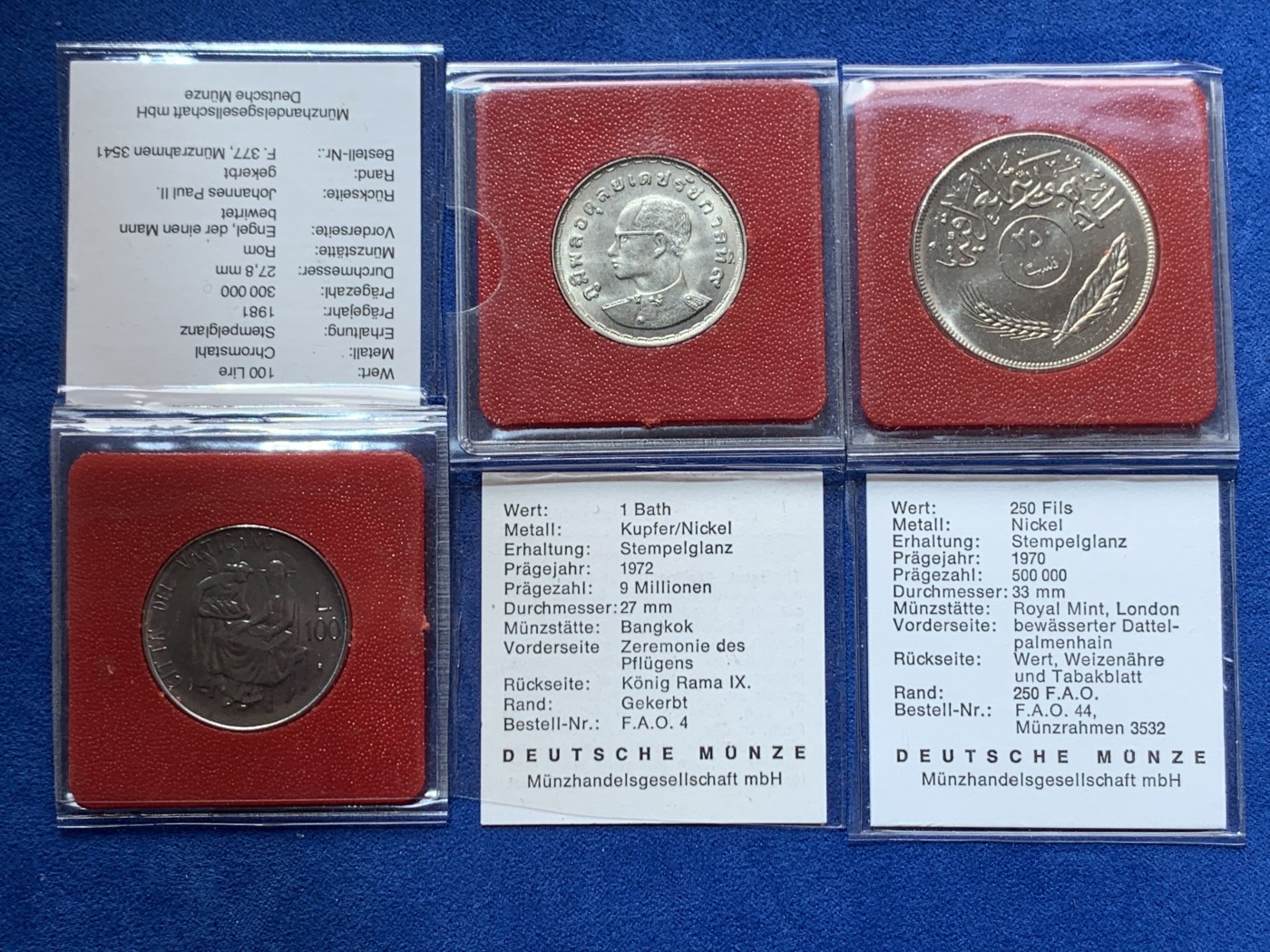 《竞宝斋》第260场-周日，周一，周二 3场连拍 (全场包邮) 3枚一组 F.A.O.纪念币 伊拉克1970年250费尔镍币+泰国1972拉玛九世（粮农组织）1泰铢铜镍币+梵蒂冈1981年喂养饥饿者100里拉