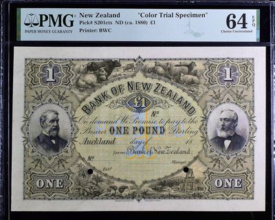 【Blue Auction】✨世界纸币精拍第465期【精】 -    【早期珍品 非常罕见】新西兰 1880年1镑 超大票幅 BWC出品 雕刻精美 设计元素众多 人像雕刻精美 背面大场景十分耐看 PMG64EPQ 顶级高分 （64NET 之前拍了2400美金）