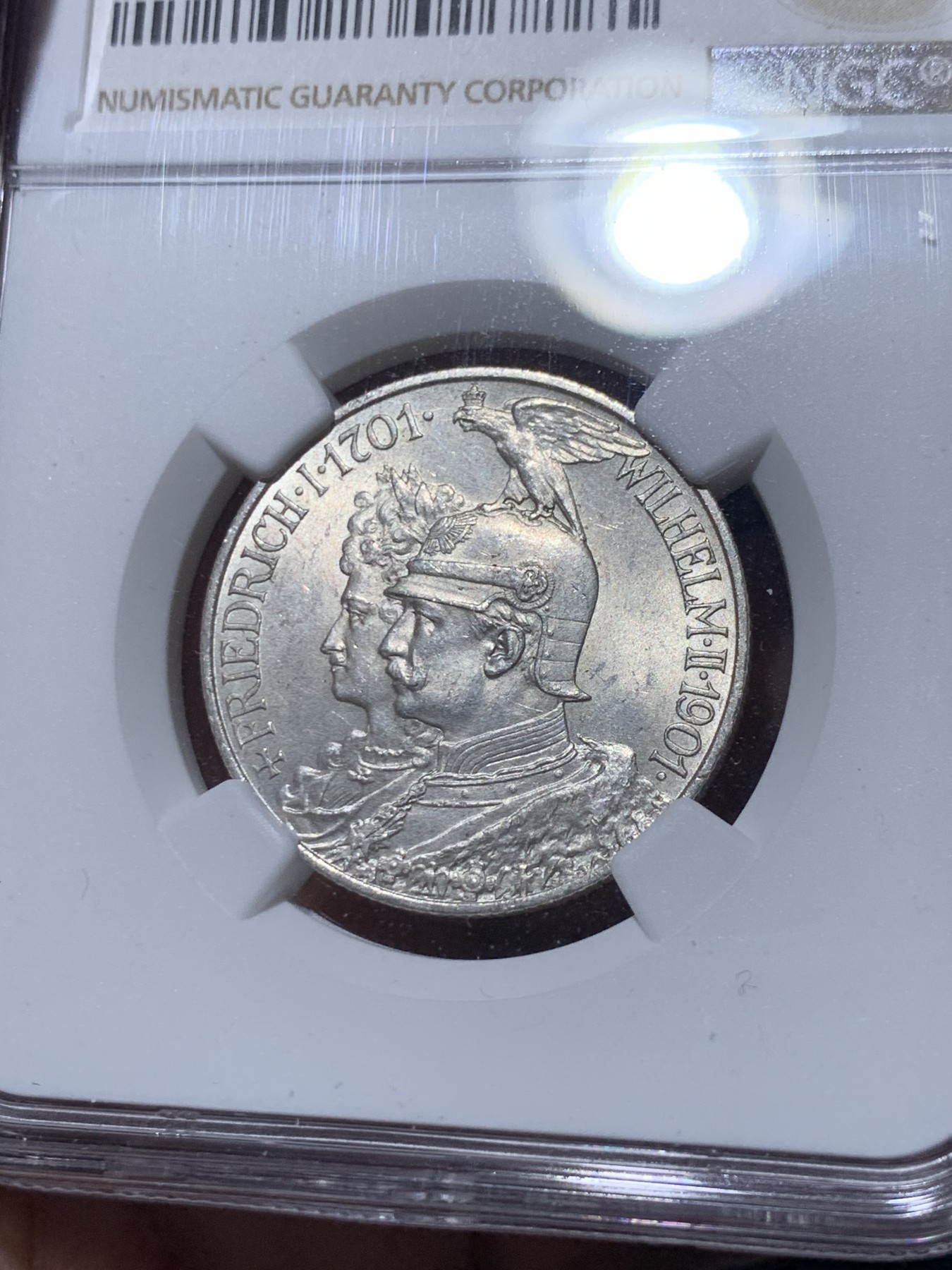 《竞宝斋》第260场-周日，周一，周二 3场连拍 (全场包邮) NGC MS62 德国普鲁士1901年200周年纪念2马克银币 原光好品