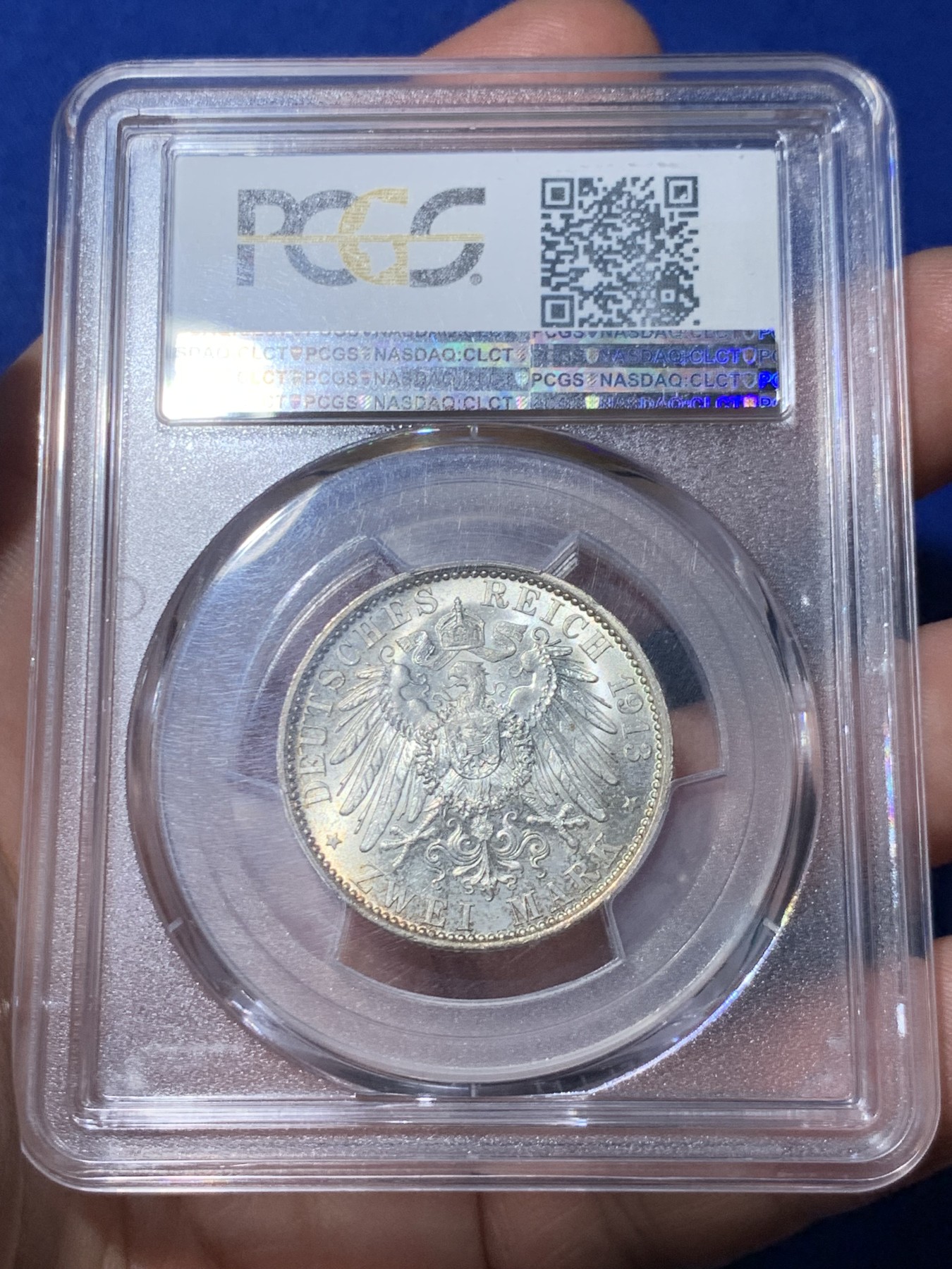 《竞宝斋》第260场-周日，周一，周二 3场连拍 (全场包邮) PCGS MS64 德国普鲁士1913年A版威廉二世军装2马克银币 原光淡彩包浆