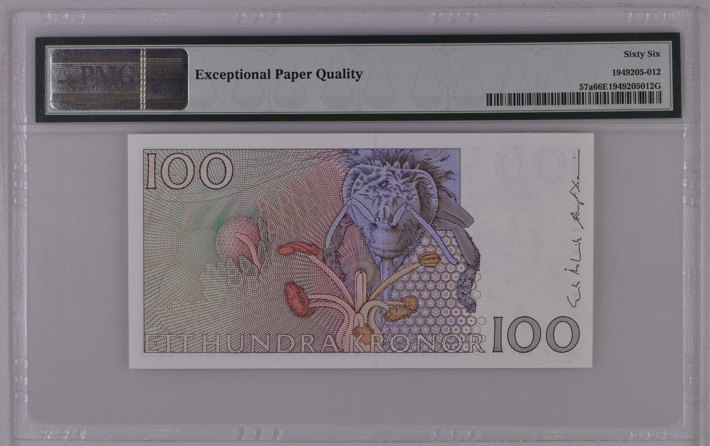 收藏联盟Quantum Auction 第340期拍卖  瑞典1986-92年100克朗 PMG66 首发年份首签名豹子号且号码无4  植物学家 林奈