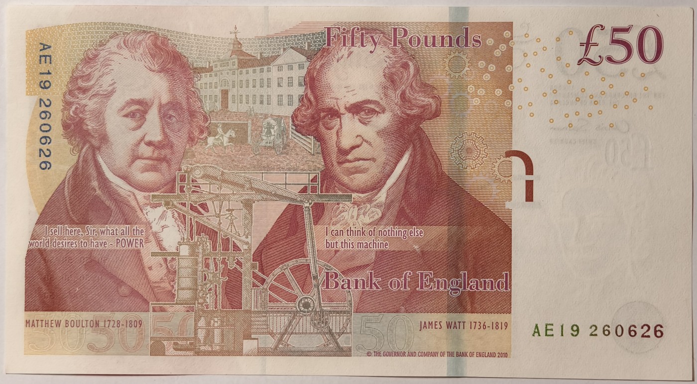紫瑗钱币——第341期拍卖——纸币场 英国2010年 F序列 工程师瓦特(蒸汽机发明者)和其推广合作者博尔顿 50镑 UNC