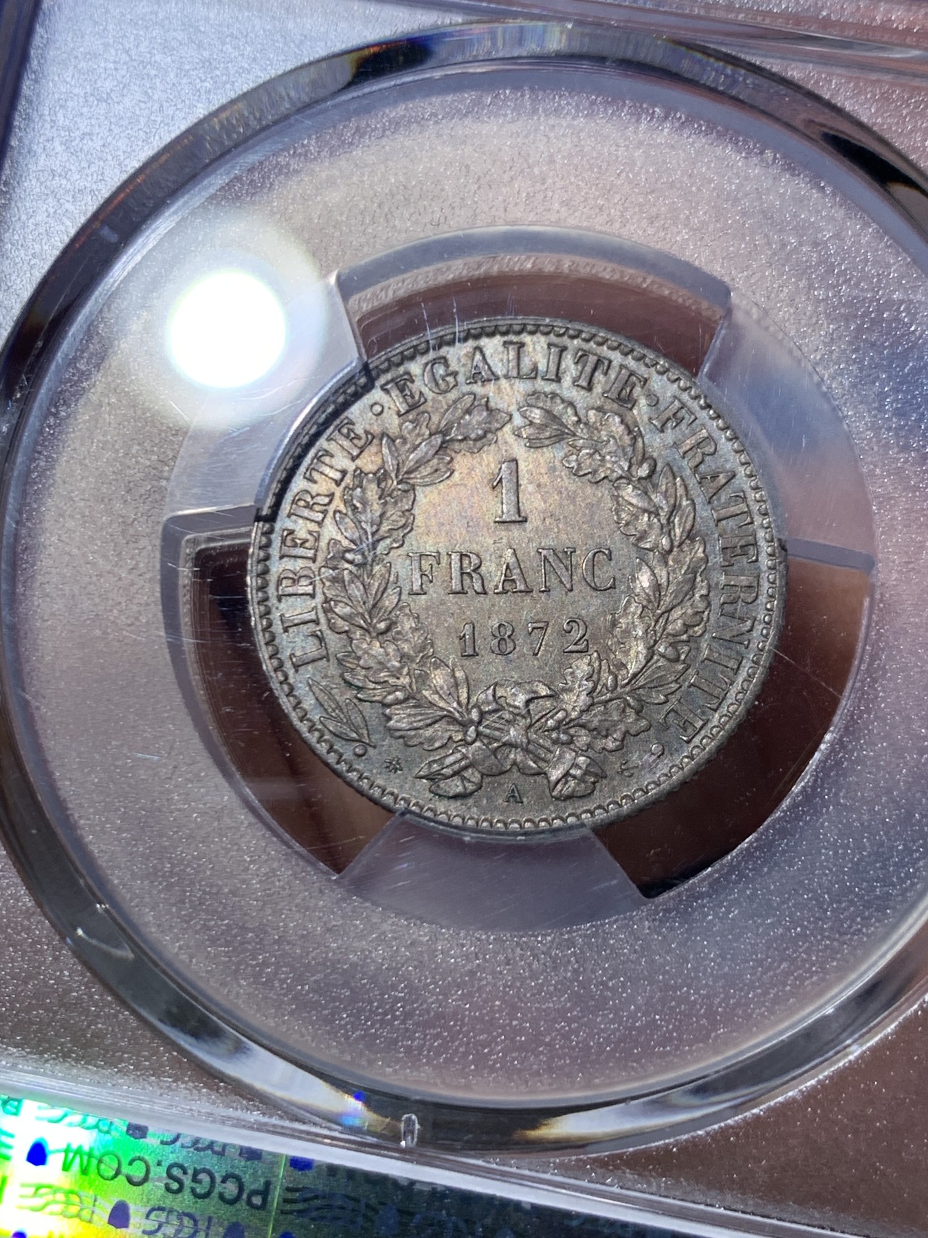 《竞宝斋》第260场-周日，周一，周二 3场连拍 (全场包邮) PCGS UNCD 法国 1872年谷物女神1法郎银币 双面五彩包浆 无明显划丝 有官网高清照