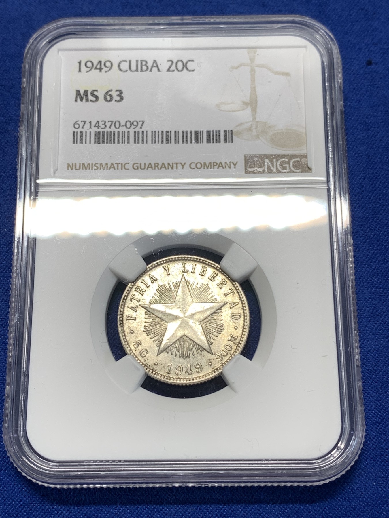 《竞宝斋》第260场-周日，周一，周二 3场连拍 (全场包邮) NGC MS63 古巴 1949年 五星 20分银币