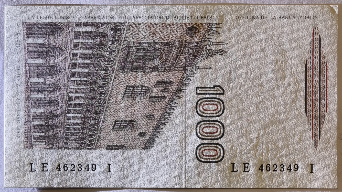 紫瑗钱币——第341期拍卖——纸币场 意大利 1982年 达·芬奇 1000里拉 UNC