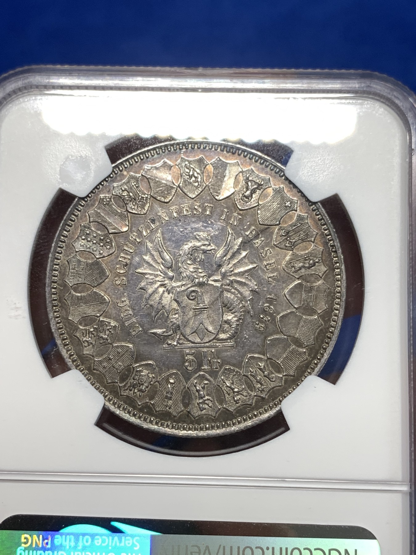 《竞宝斋》第260场-周日，周一，周二 3场连拍 (全场包邮) NGC UNCD 瑞士1879年巴塞尔射击节5法郎银币 背面经典盾徽 双面转光