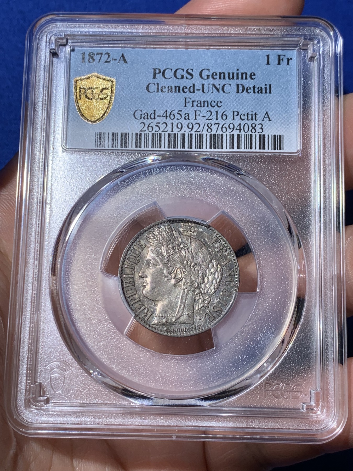 《竞宝斋》第260场-周日，周一，周二 3场连拍 (全场包邮) PCGS UNCD 法国 1872年谷物女神1法郎银币 双面五彩包浆 无明显划丝 有官网高清照