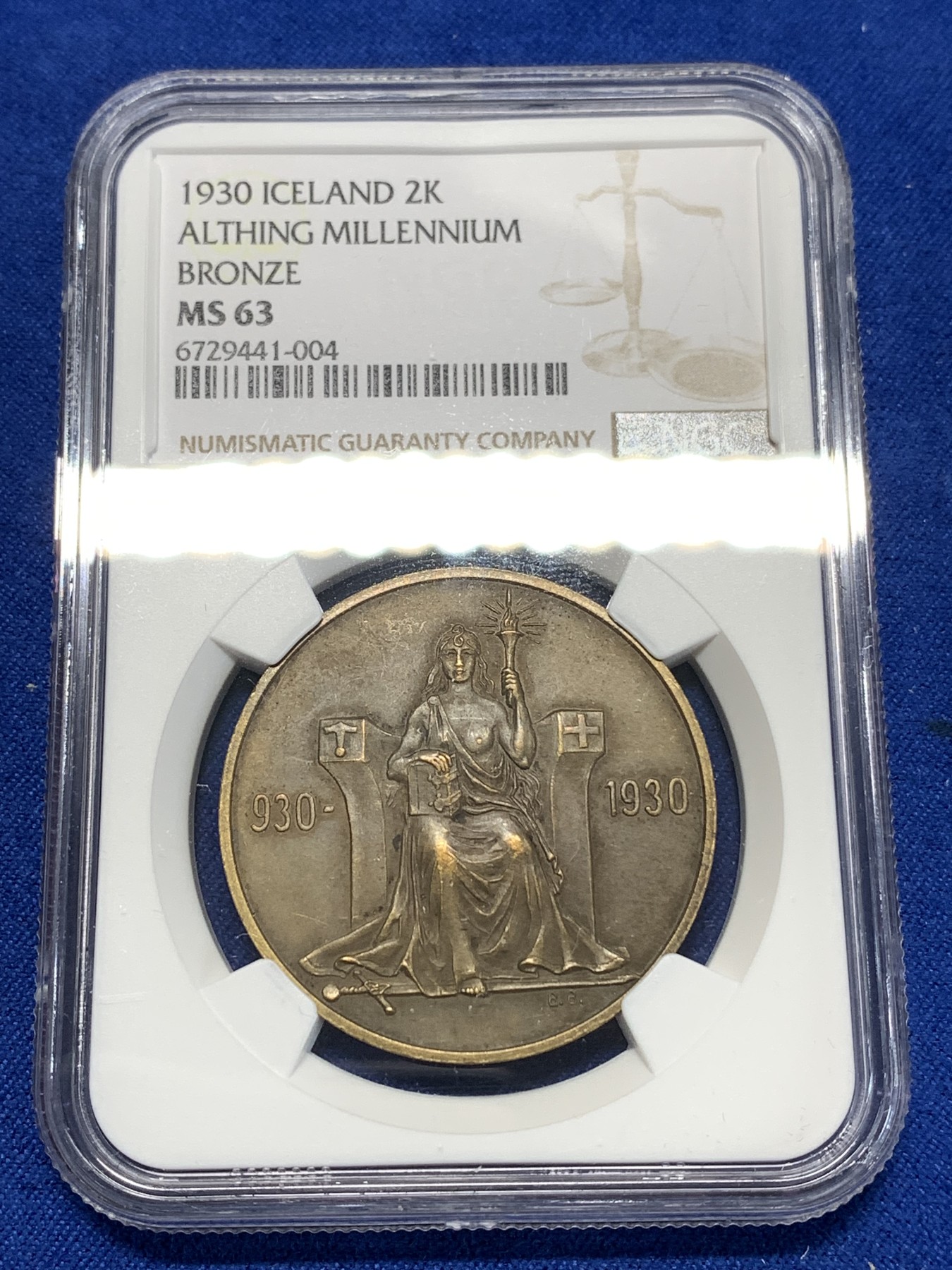 《竞宝斋》第260场-周日，周一，周二 3场连拍 (全场包邮) NGC MS63 冰岛1930年冰岛千年议会纪念2克朗铜币，收录于克劳斯世界珍惜币目录