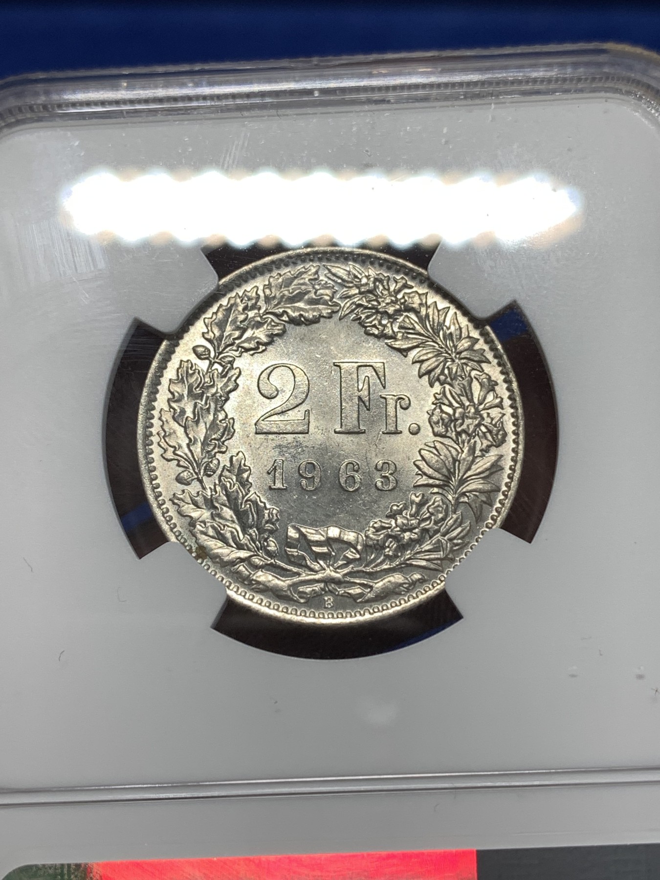 《竞宝斋》第260场-周日，周一，周二 3场连拍 (全场包邮) NGC MS63 瑞士 1963年 赫尔维蒂亚 雪山女神 2法郎 银币