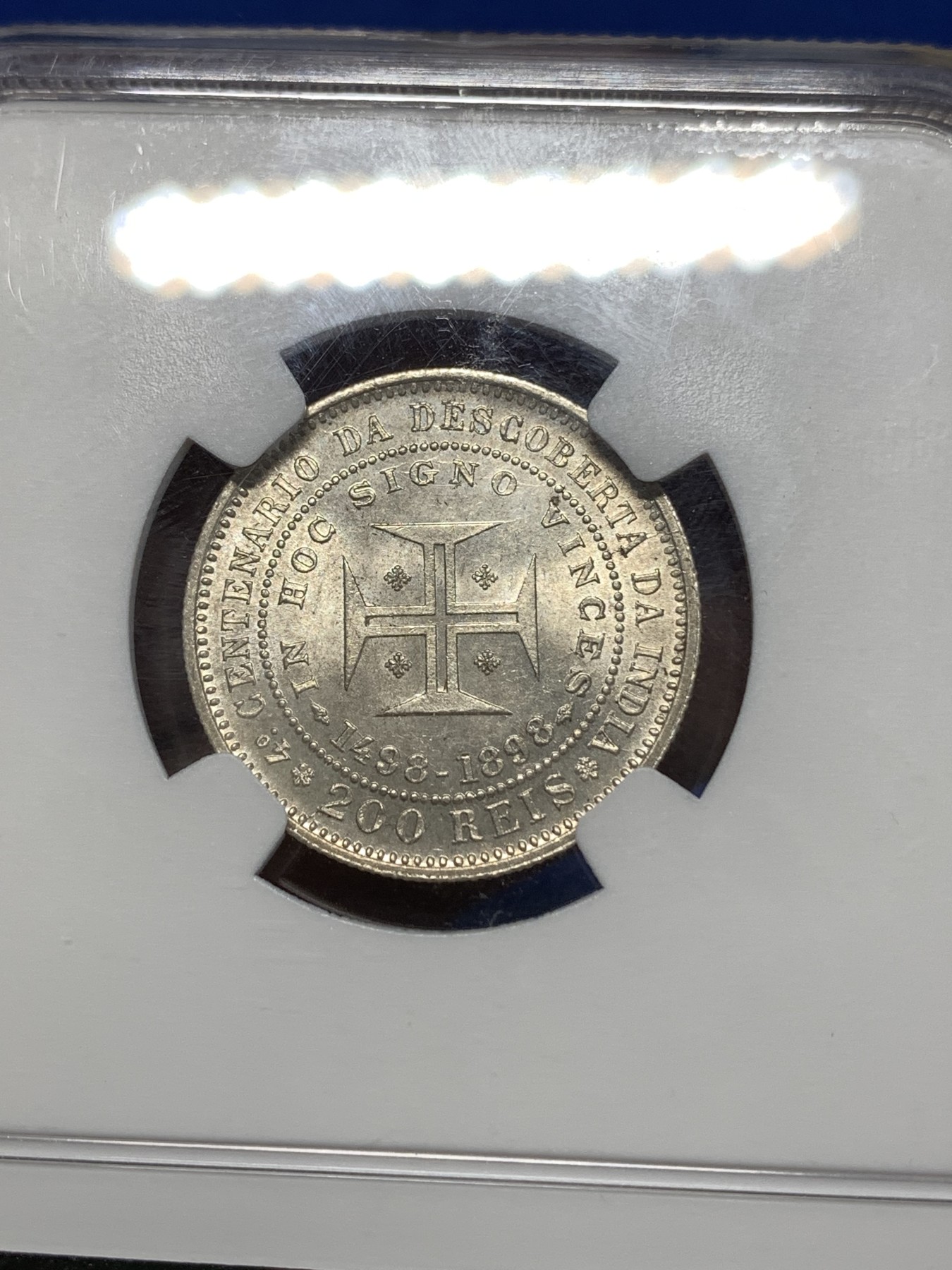 《竞宝斋》第260场-周日，周一，周二 3场连拍 (全场包邮) NGC MS63 葡萄牙 1898年 发现印度 200瑞斯 银币 黄油彩