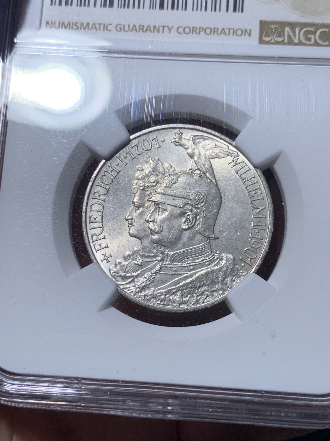 《竞宝斋》第260场-周日，周一，周二 3场连拍 (全场包邮) NGC MS62 德国普鲁士1901年200周年纪念2马克银币 原光好品