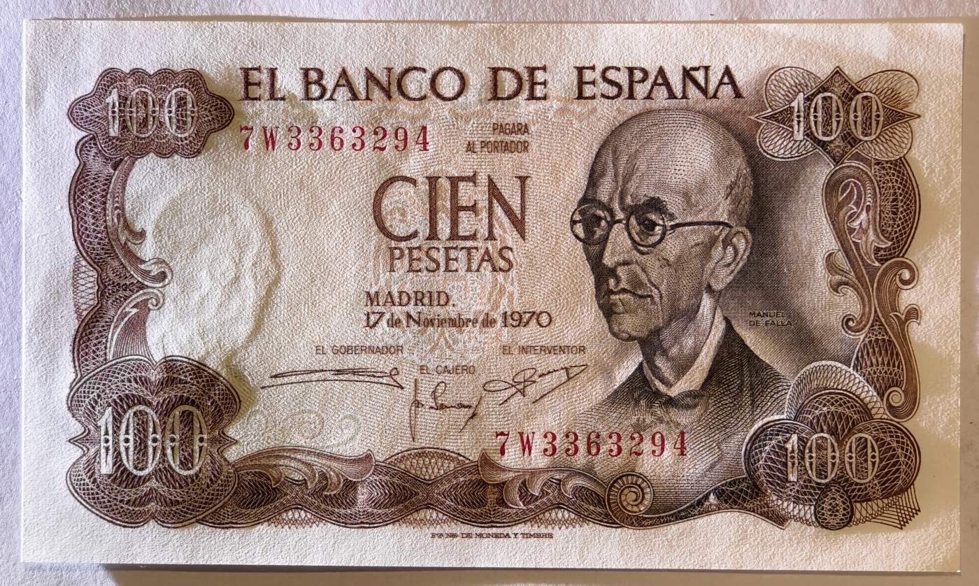 紫瑗钱币——第357期拍卖—— 纸币场 西班牙 1970(1974)年 曼努埃尔·德法拉 100比塞塔 UNC (P-152a)