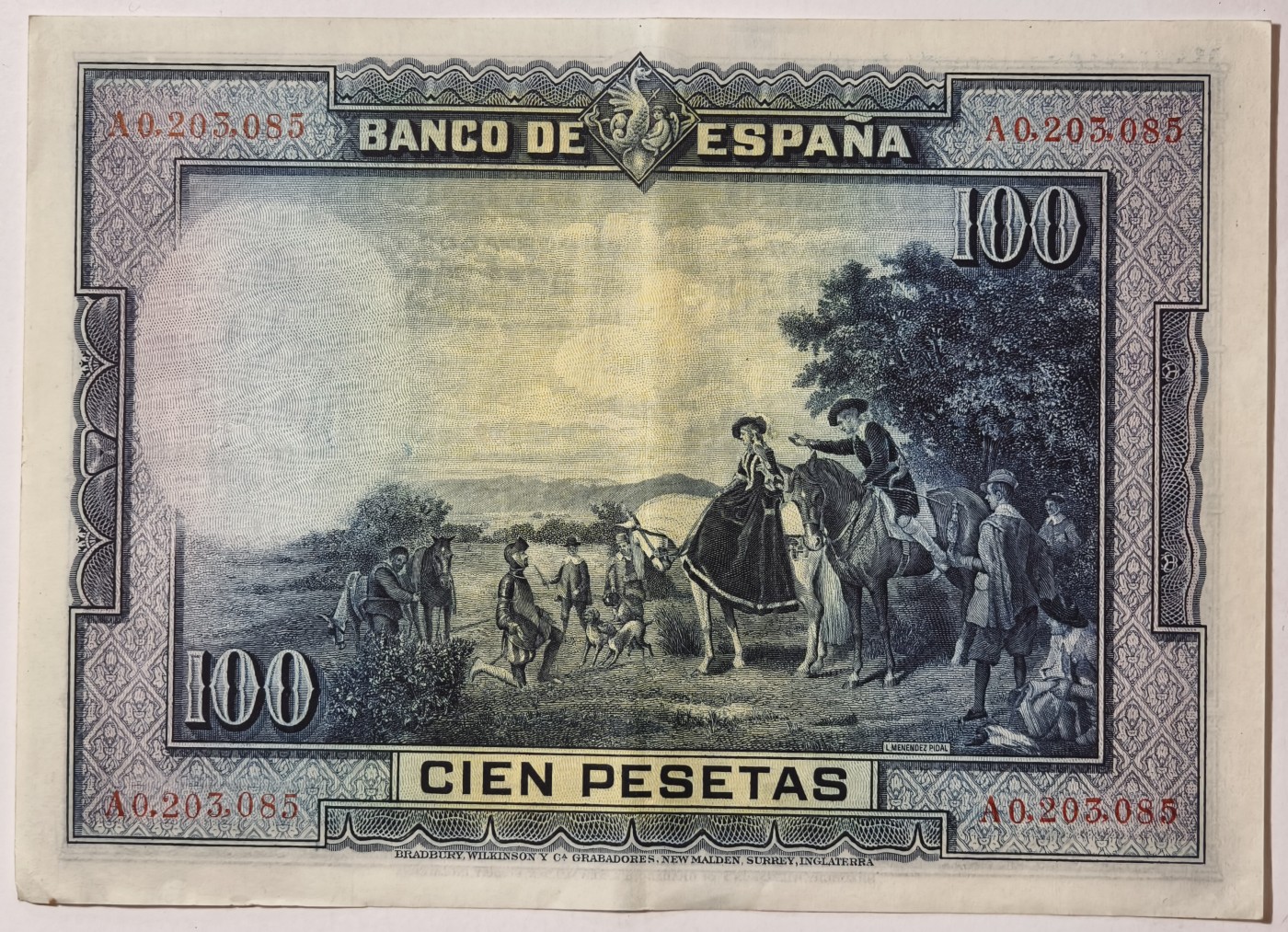 紫瑗钱币——第341期拍卖——纸币场 西班牙 1928年 中央银行 油画《唐吉坷德》 100比塞塔 AU