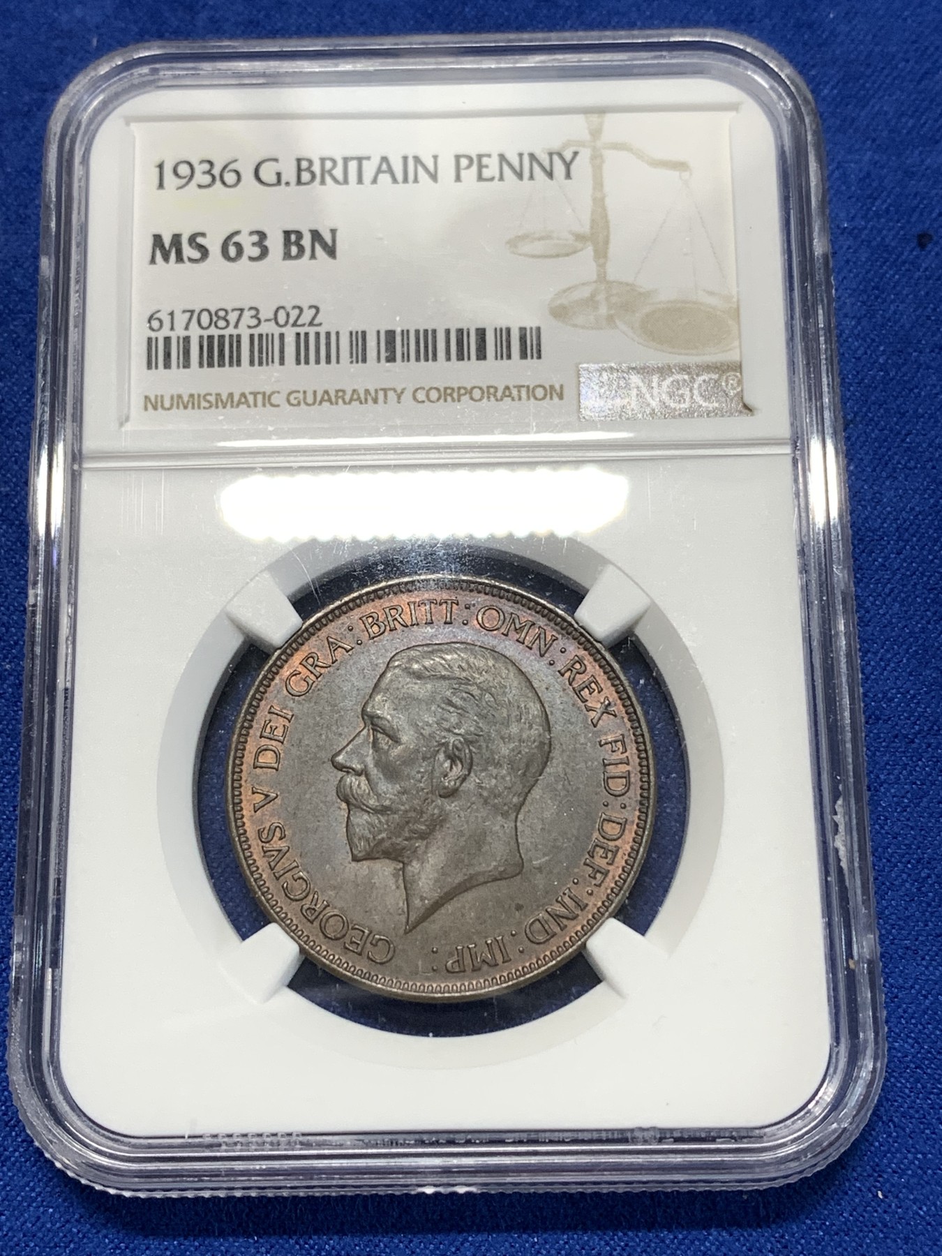 《竞宝斋》第260场-周日，周一，周二 3场连拍 (全场包邮) NGC MS63BN 英国1936年乔五1便士铜币