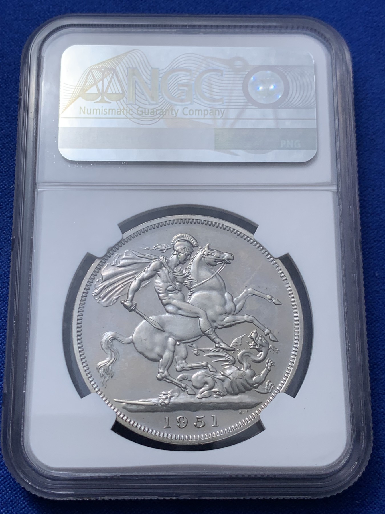 《竞宝斋》第260场-周日，周一，周二 3场连拍 (全场包邮) NGC PL63 英国1951年乔治六世克朗 最后的镍马剑