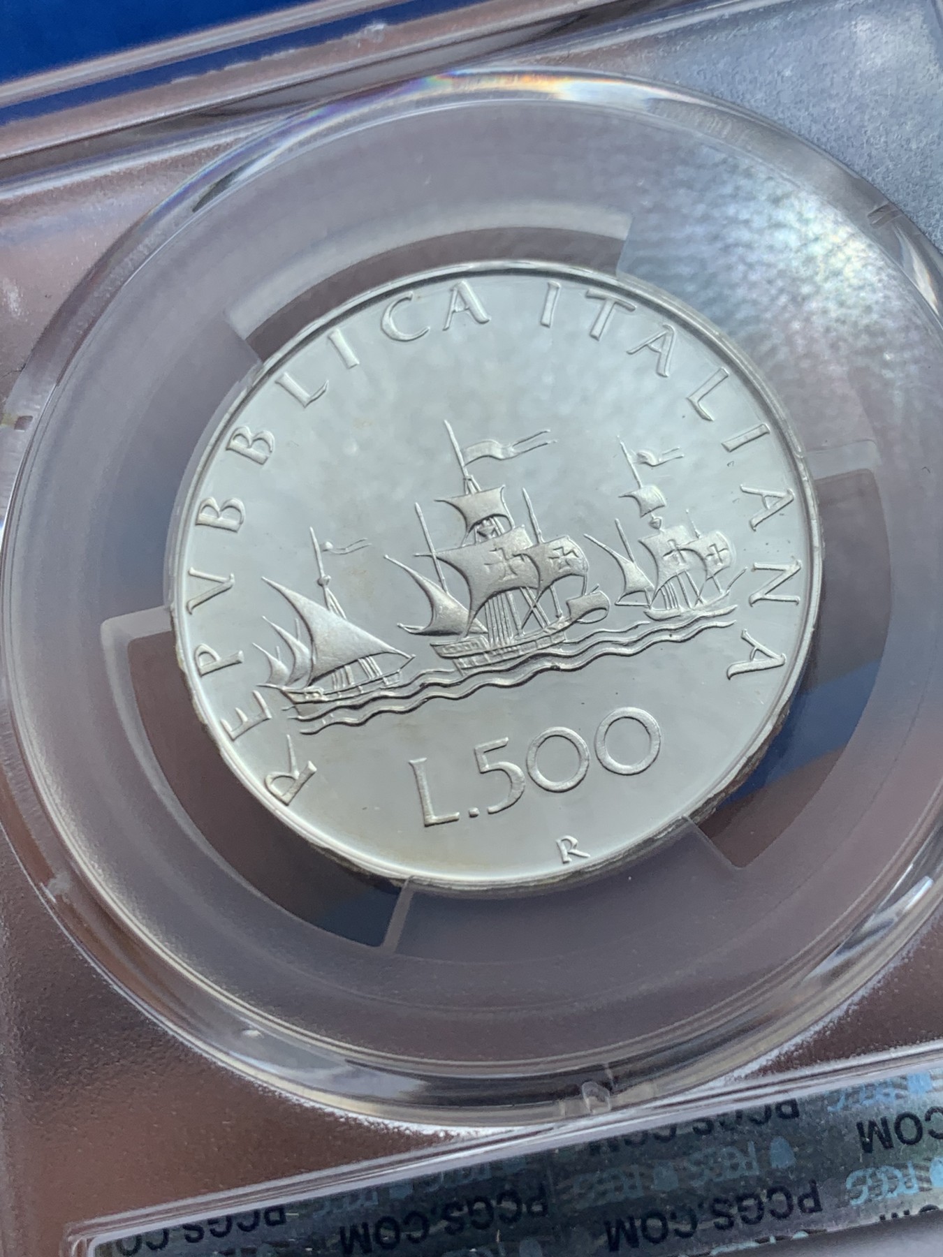 《竞宝斋》第260场-周日，周一，周二 3场连拍 (全场包邮) PCGS PR68DCAM 意大利精制帆船少女500里拉银币 1985年 发行首年