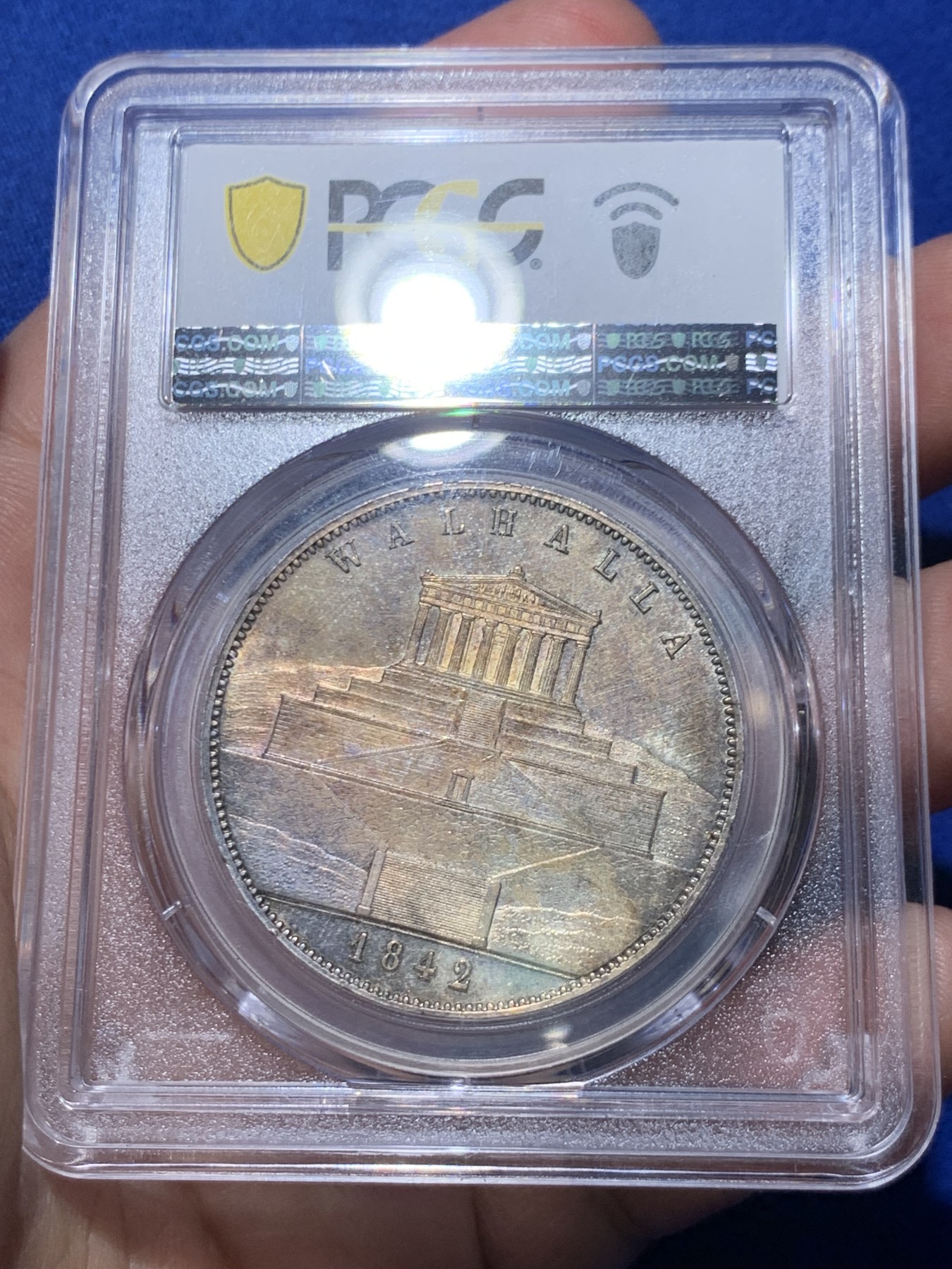 《竞宝斋》第260场-周日，周一，周二 3场连拍 (全场包邮) PCGS MS62 德国 巴伐利亚1842年瓦尔哈拉英灵神殿历史2泰勒37克的大银币 深包浆 好状态 MS不多见