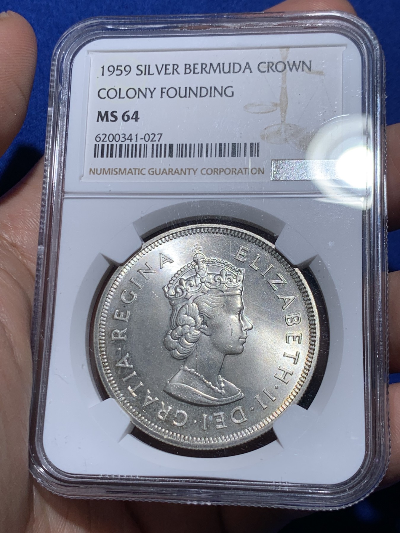 《竞宝斋》第260场-周日，周一，周二 3场连拍 (全场包邮) NGC MS64 英属百慕大 1959年 伊丽莎白二世 发现百慕大350周年纪念 1克朗大银币