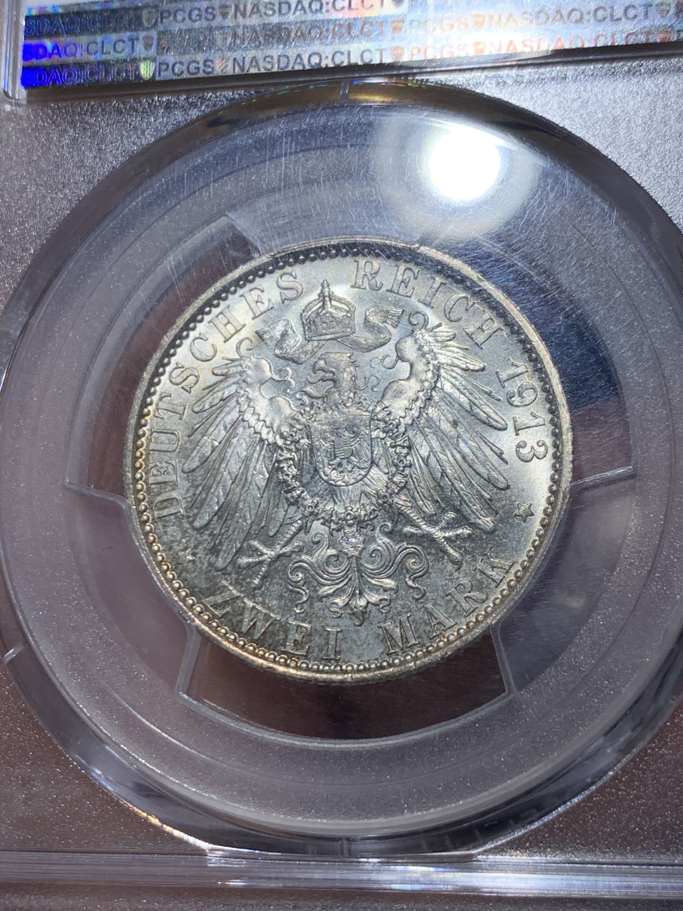 《竞宝斋》第260场-周日，周一，周二 3场连拍 (全场包邮) PCGS MS64 德国普鲁士1913年A版威廉二世军装2马克银币 原光淡彩包浆