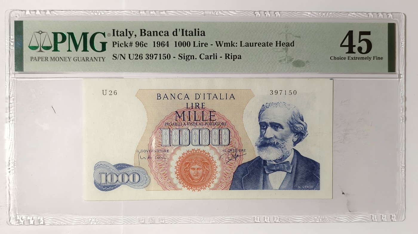 紫瑗钱币——第357期拍卖—— 纸币场 【首发 PMG 45】意大利 1964年 威尔第 1000里拉 (P-96c)