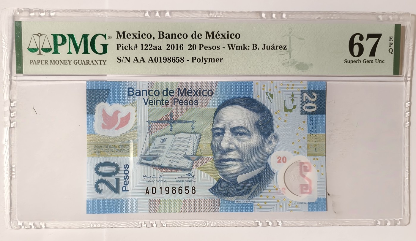 紫瑗钱币——第341期拍卖——纸币场 【首发A冠 PMG 67EPQ】墨西哥 2016年 墨西哥银行 20比索 （P-122aa）