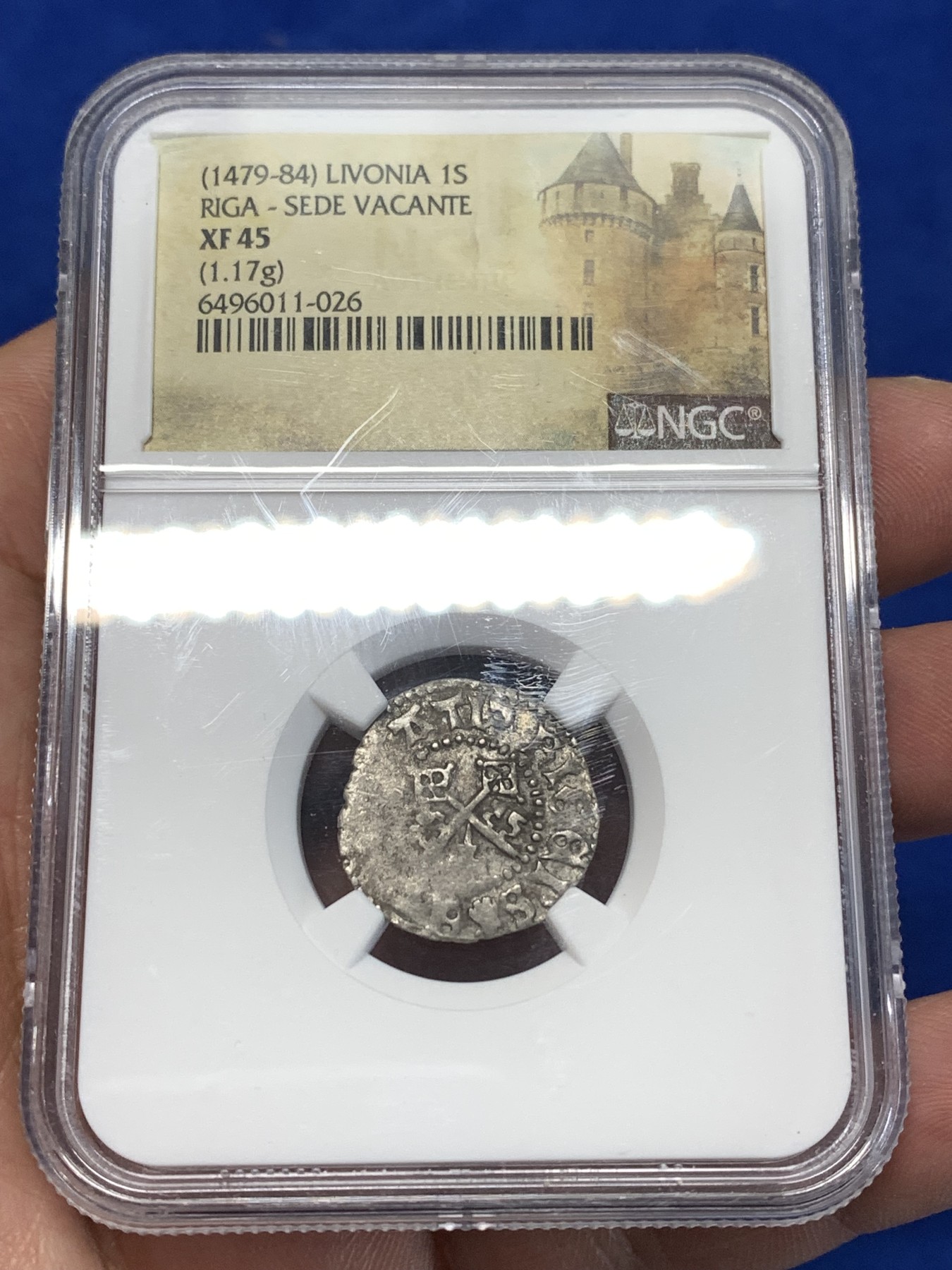 《竞宝斋》第260场-周日，周一，周二 3场连拍 (全场包邮) NGC XF45 中世纪条顿骑士团1先令银币 1479-1484年 三大骑士团之一 该银币由利沃尼亚里加（RIGA）的骑士团发行 团长缺位 里加是条顿骑士团在波罗的海地区的总部
